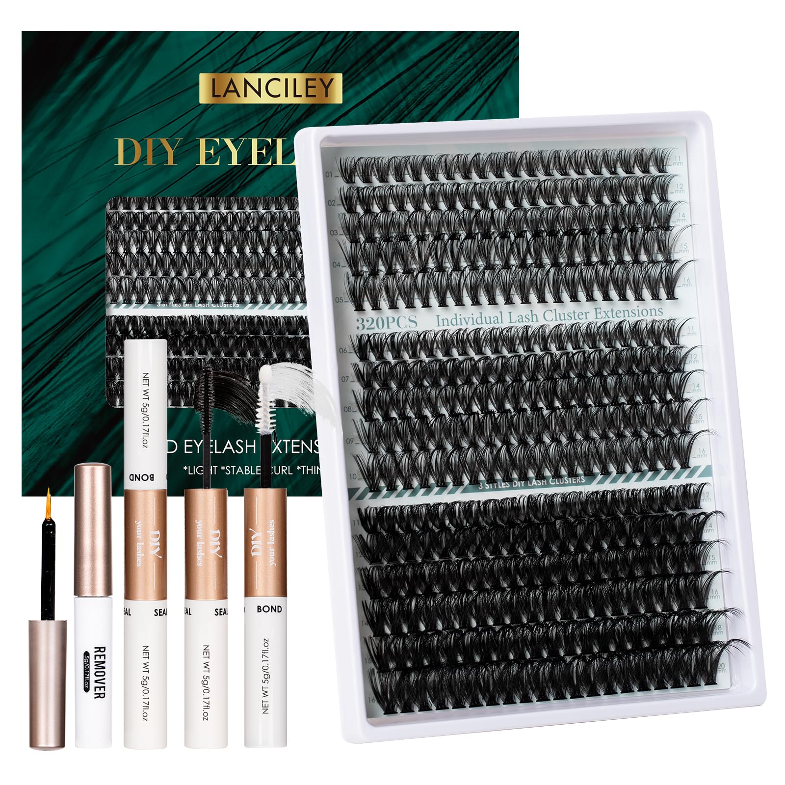 Lanciley Cluster Lashes 320pcs Individual Eyelashes 11-20mm 40D 50D 100D DIY Lash Extensions Kit Thick Volume Eyelash Clusters Natural Lash Clusters False Eyelashes with Bond and Seal and Remover