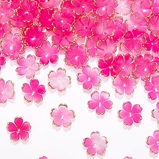 Alpinleux 100 Pcs Blossom Acrylic Flower Beads, 5-Petal Flower Beads for Jewelry Making, Gold-Plated Cherry Blossom Beads, Flowers Beads for Crafts, Bracelets (Gradient Rose Red)