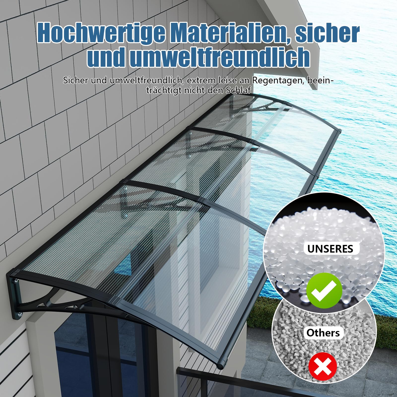 Vordach für Haustür 100x300cm, UV Überdachung Haustür aus Polycarbonat – Schützt vor Regen Schnee für Terrasse, Veranda Fenster
