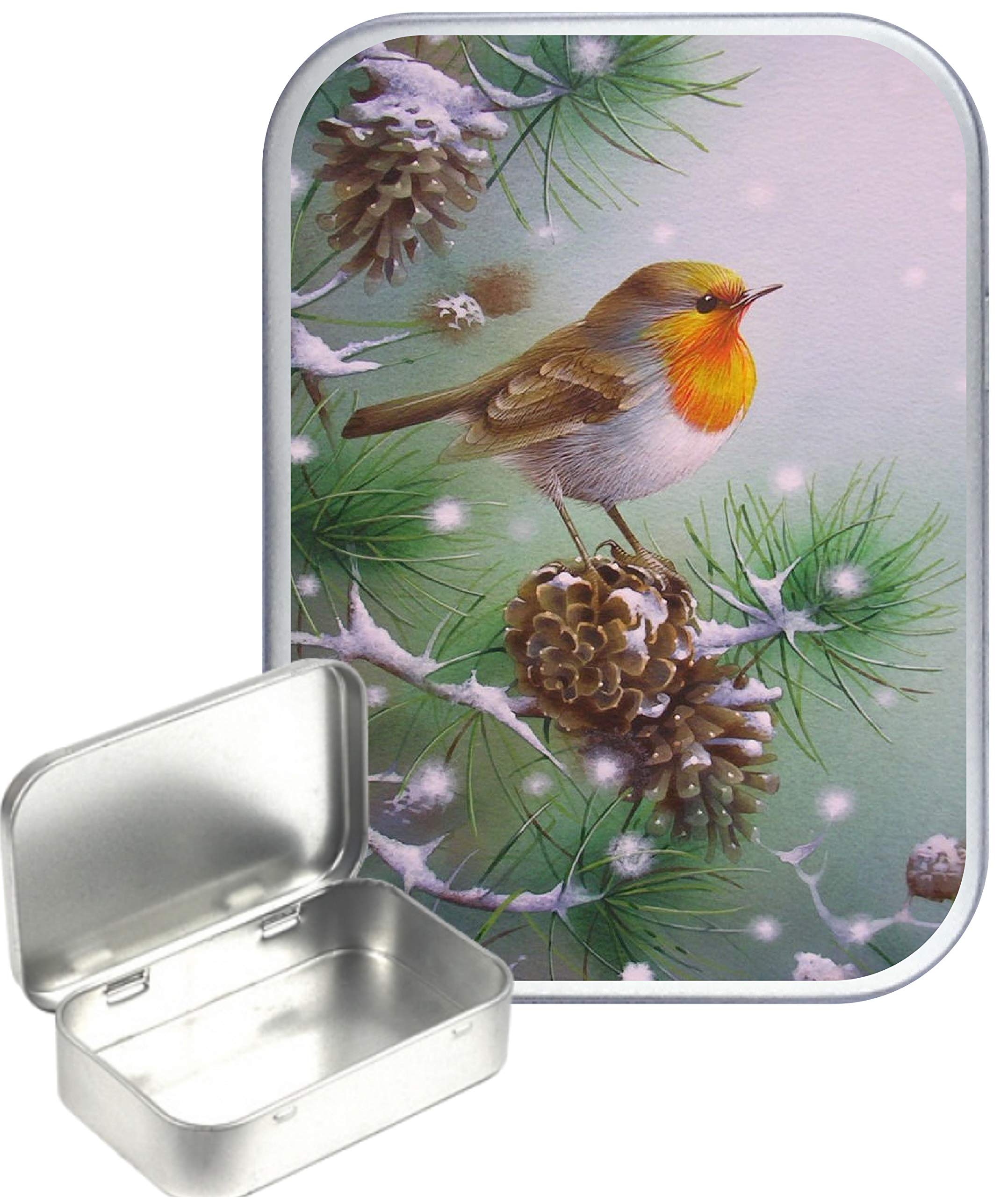 Teez Silver Conifer Robin 30Ml Small Hinged Tin, 1 Compartment, 1Oz Tobacco Tin