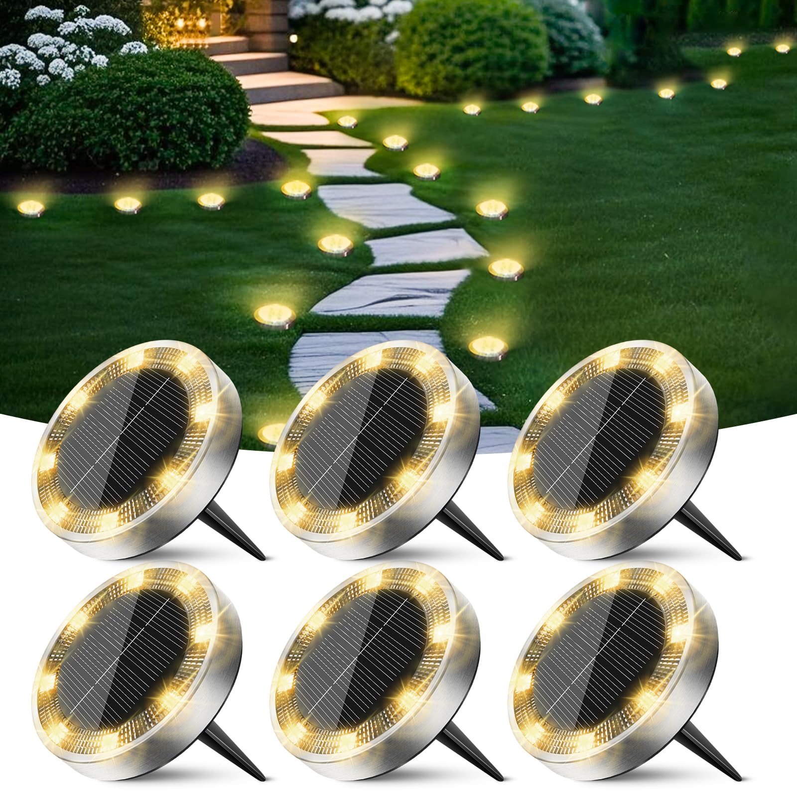 Peasur Solar Ground Lights Outdoor, 6 Pack Flat Solar Powered Disc Lights, IP68 Waterproof, Anti-Rust, Landscape Lighting for Pathway Garden Yard Lawn Walkway Landscape Driveway, Mini, Warm White
