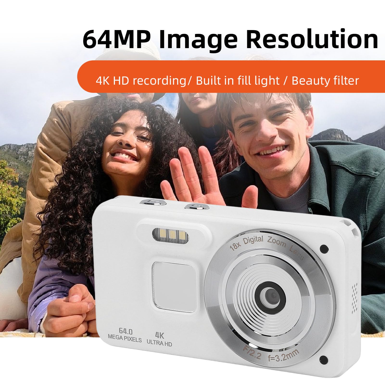 Cyfrowy Aparat Fotograficzny, 6400 W 4K Student Selfie Video Cyfrowa Kamera HD z 18-krotnym Zoomem i funkcją zapobiegającą Drganiom, Automatyczne Ustawianie Ostrości, dla (WHITE)