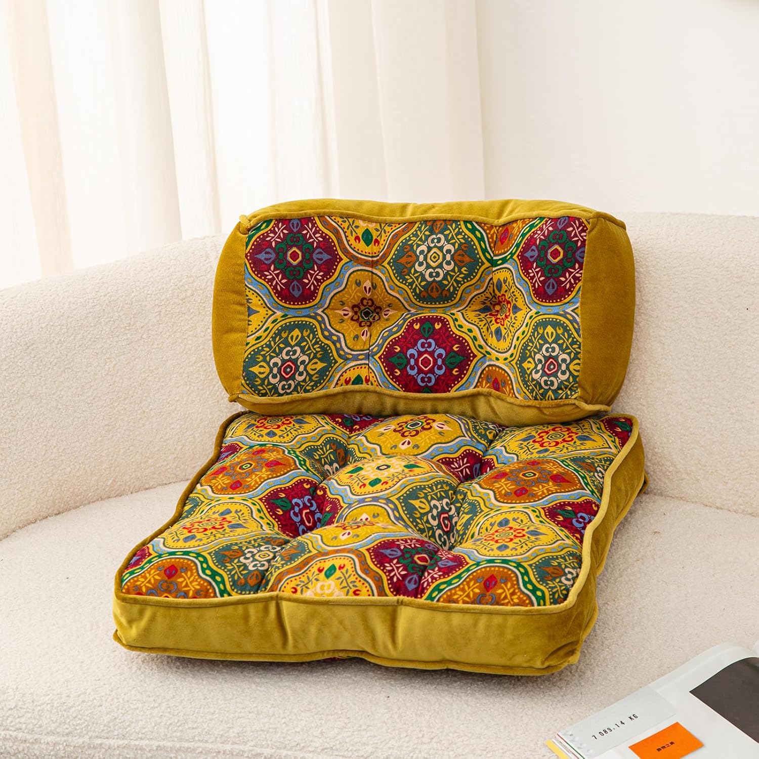Luxury Velvet Chair Cushion for Dining - Soft Comfortable Pads With Ties, Boho Printed Seat Cushion for Kitchen, Office (Yellow, 16"x16")