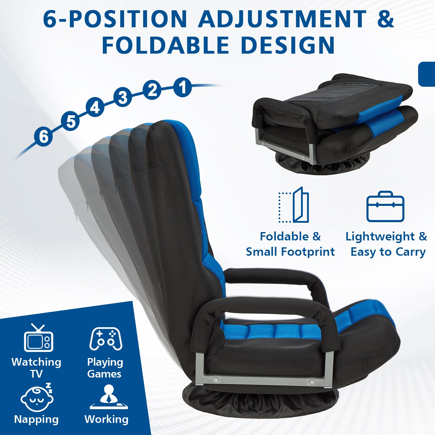 Buymoth Swivel Floor Gaming Chair w/Armrests, Folding Video Reclining Sofa w/6 Adjustable Position, Padded Backrest & Cushion, Lazy Lounger Couch for E-Sports, Reading, Relaxing, Watching TV, Blue