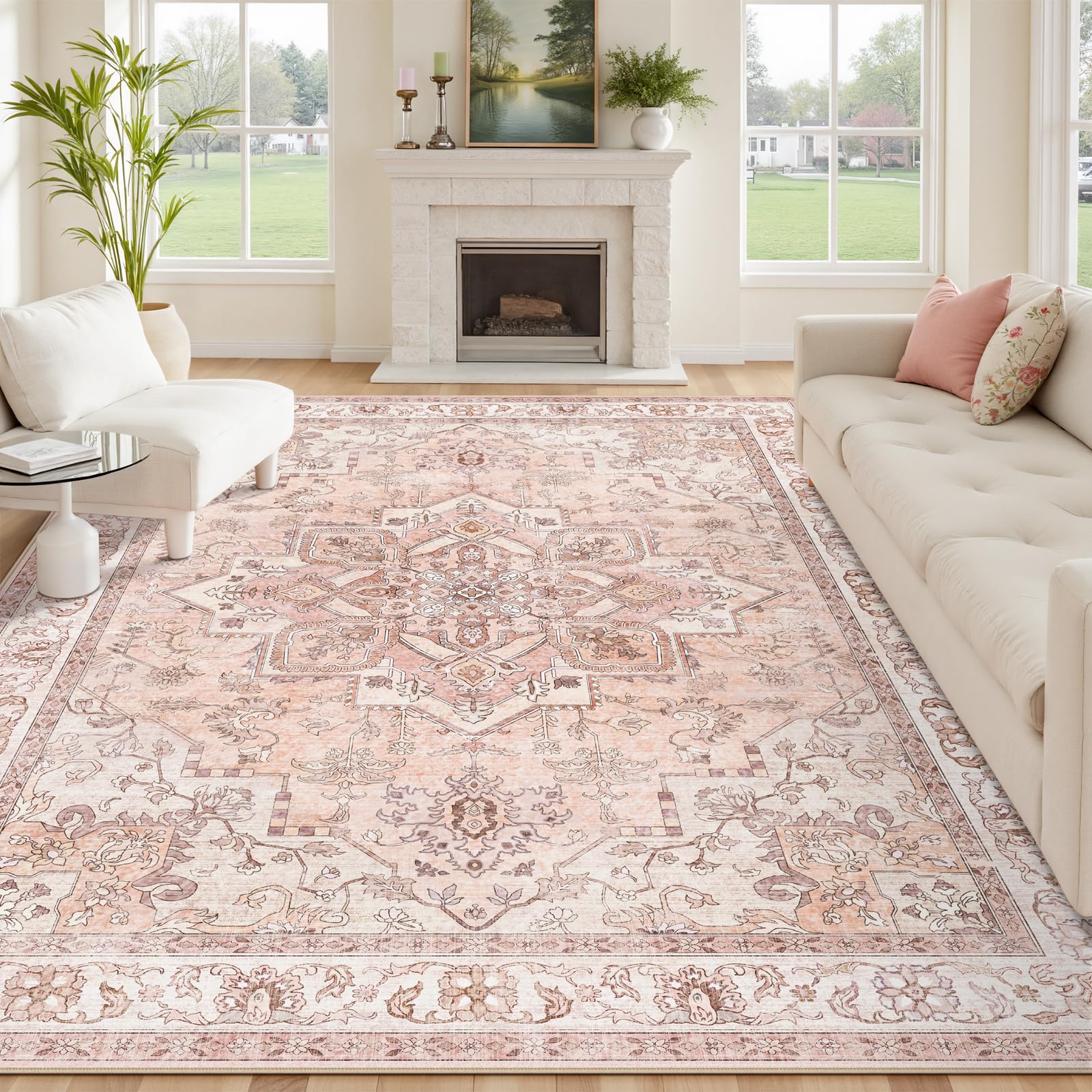 Dadasgk 8x10 Area Rugs for Living Room, Vintage Floral Medallion Boho Oriental Non-Slip Low Pile Machine Washable Pink Area Rug for Bedroom Girls Room Playroom Nursery Dining Room