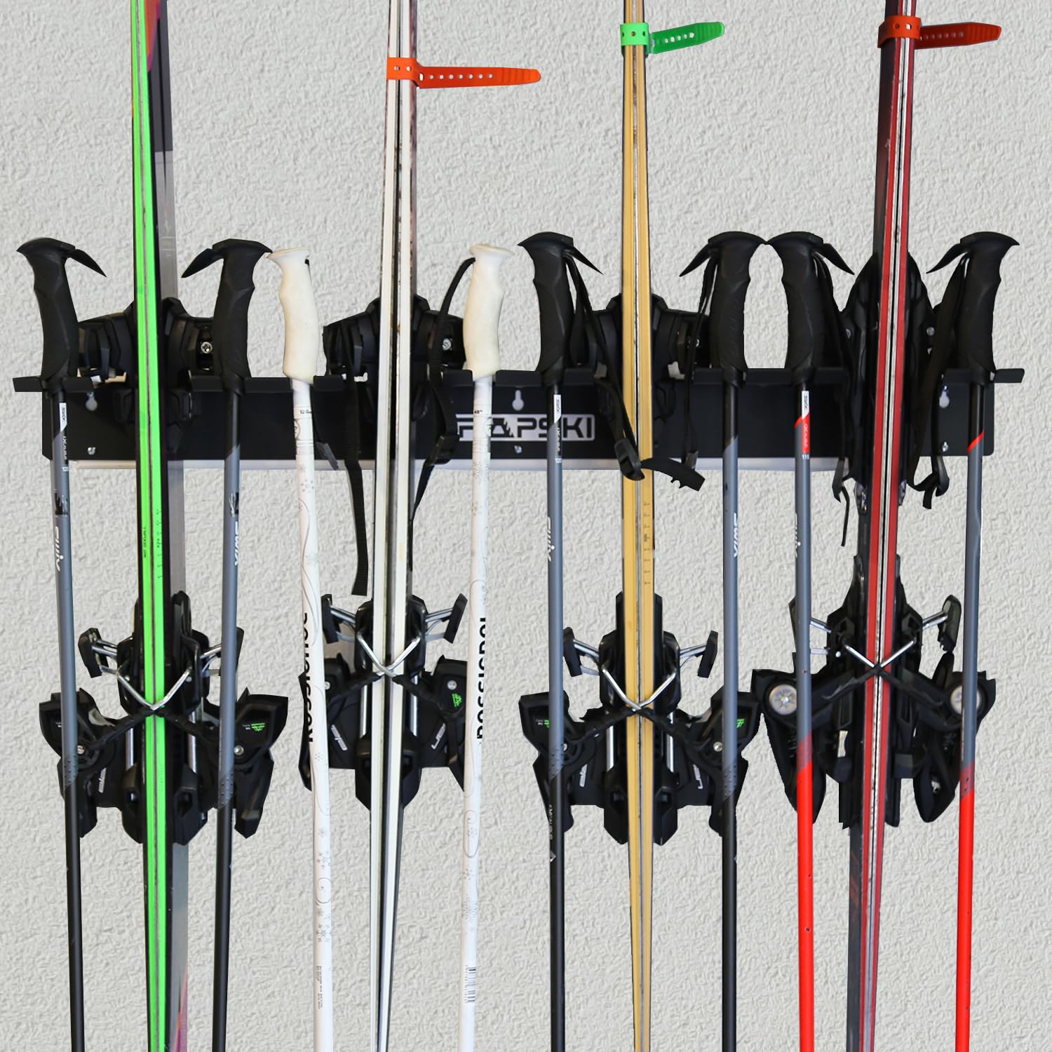 TRAPAWAY Wall Rack | Holds 4 pair of Skis or Snowboard by Bindings | Garage Organizer for Yard Tools, Gear & Equipment | Aluminum | No Moving Parts to break or pinch | Made in the USA (Black Quad)