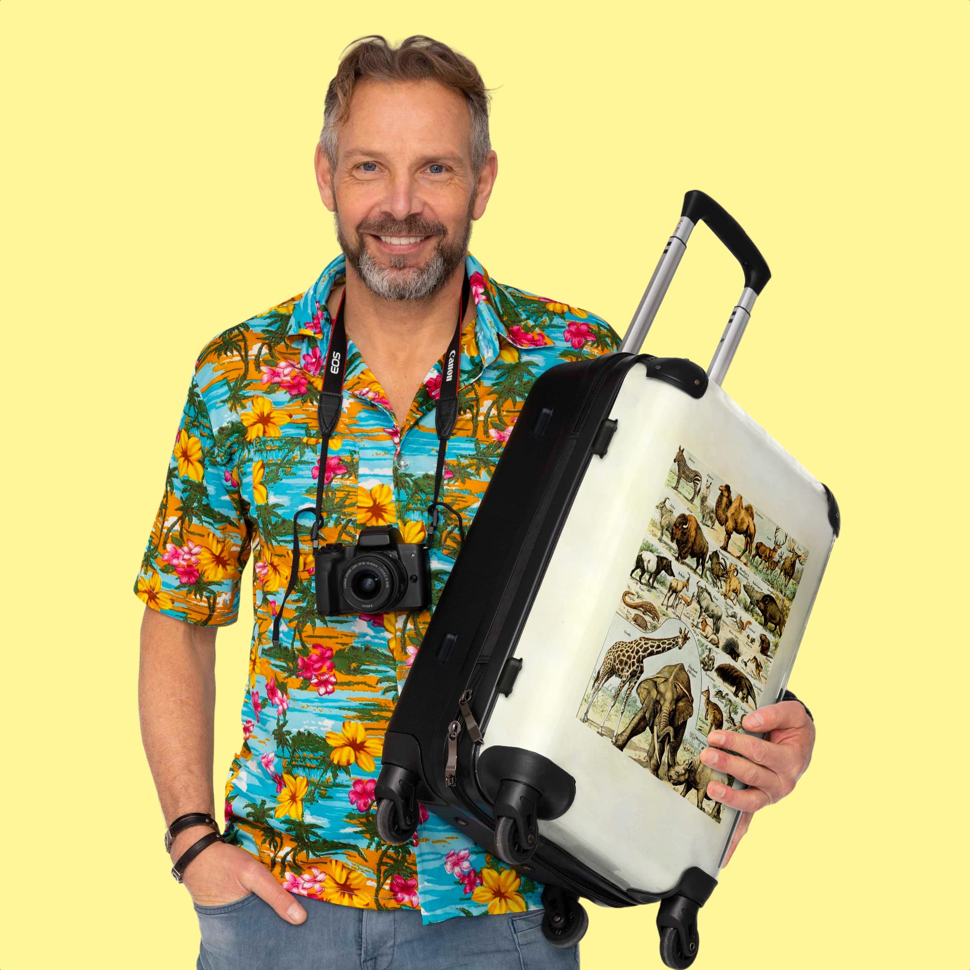 NoBoringSuitcases© Valigia Grande - Trolley Rigido 4 Ruote - 90 Litri | Vintage - Fauna Selvatica - Safari - Illustrazione - Arte - Lucchetto a Combinazione TSA