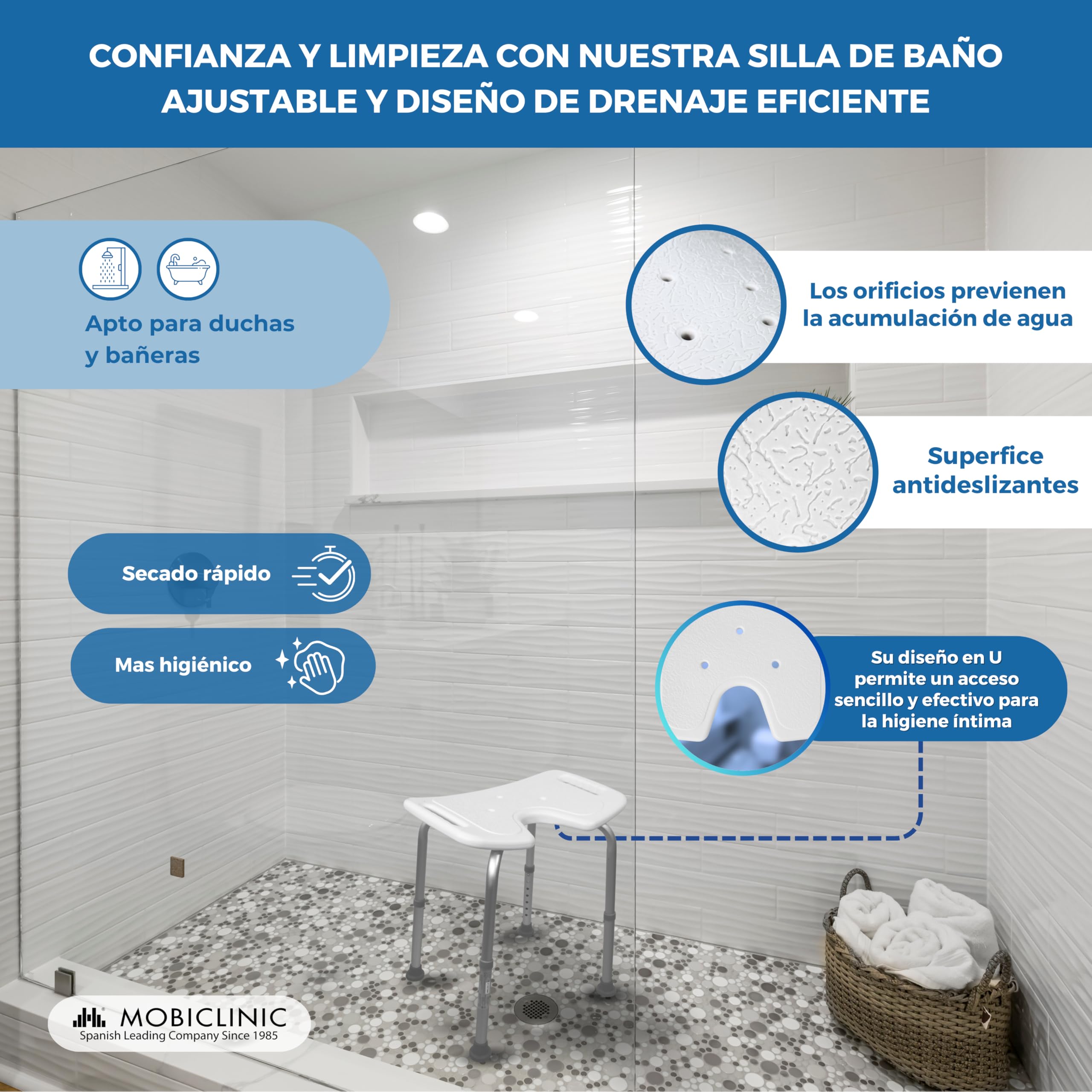 Mobiclinic®, Taburete Baño, Regulable en Altura, Bahía, Asiento en U, Conteras Antideslizantes, hasta 100 Kg, Aluminio, Blanco