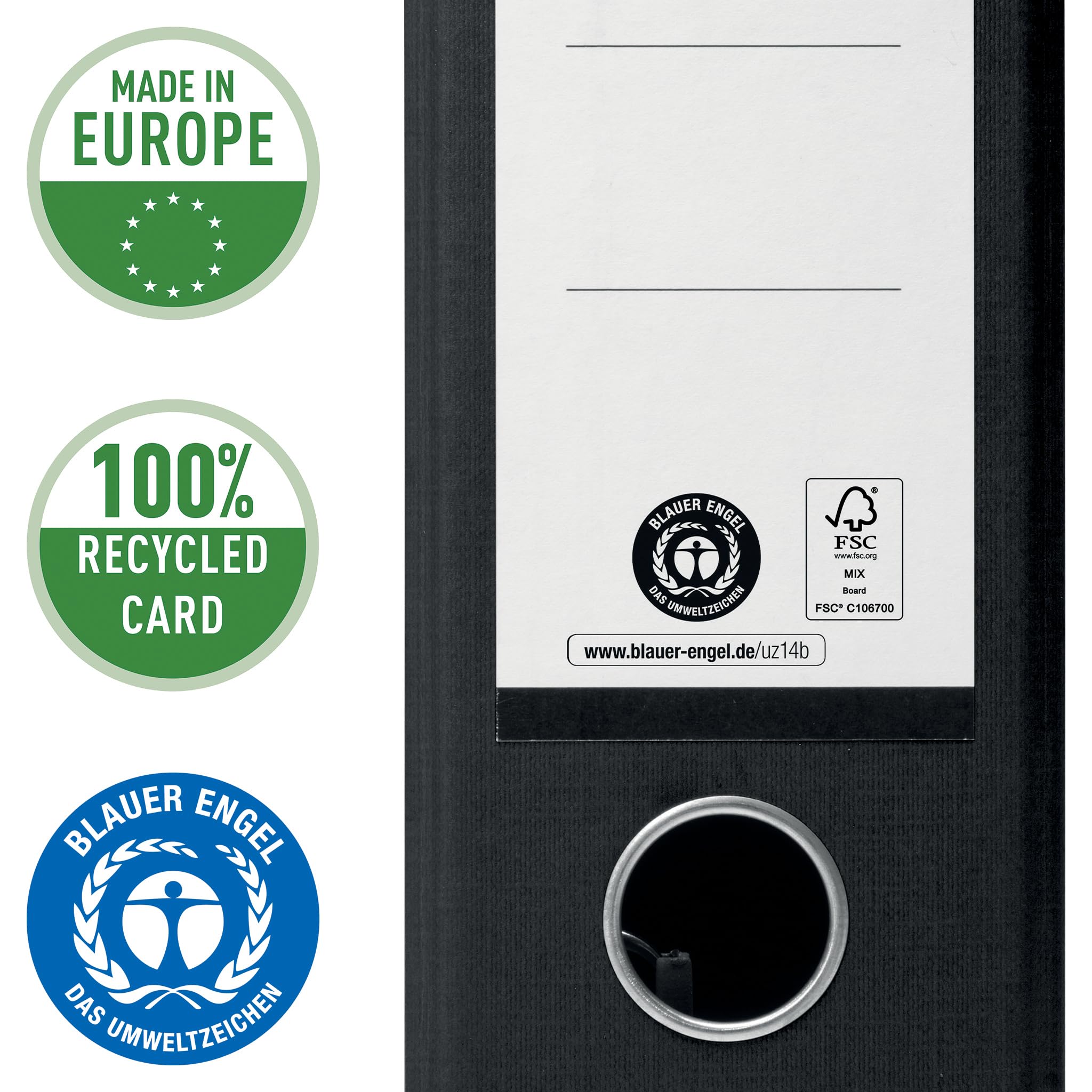 VON Leitz Segregator A4, 20 Sztuk, 100% Papier z Recyklingu, Szerokość Grzbietu 80 mm, Na 600 Arkuszy, Niebieski Anioł i Certyfikat FSC, Do Szkoły, Nauki i Domu, Czarny