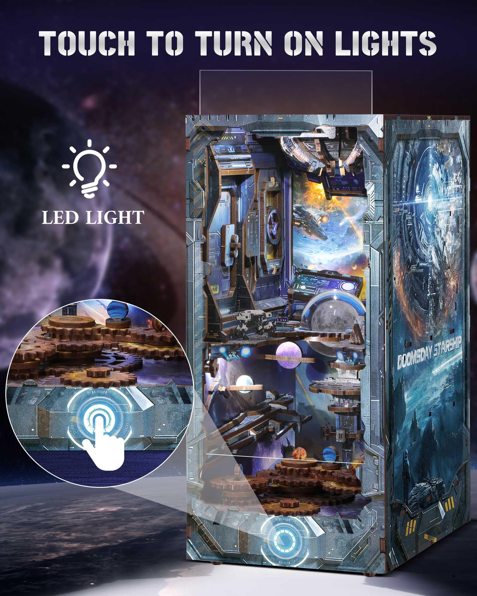 RONSTONE Book Nook Kit - DIY Casa Delle Bambole Booknook con Coperchio Antipolvere - Inserto per Libreria con Luce a Led - Doomsday Starship Craft 3D Puzzle Regalo per Adulti