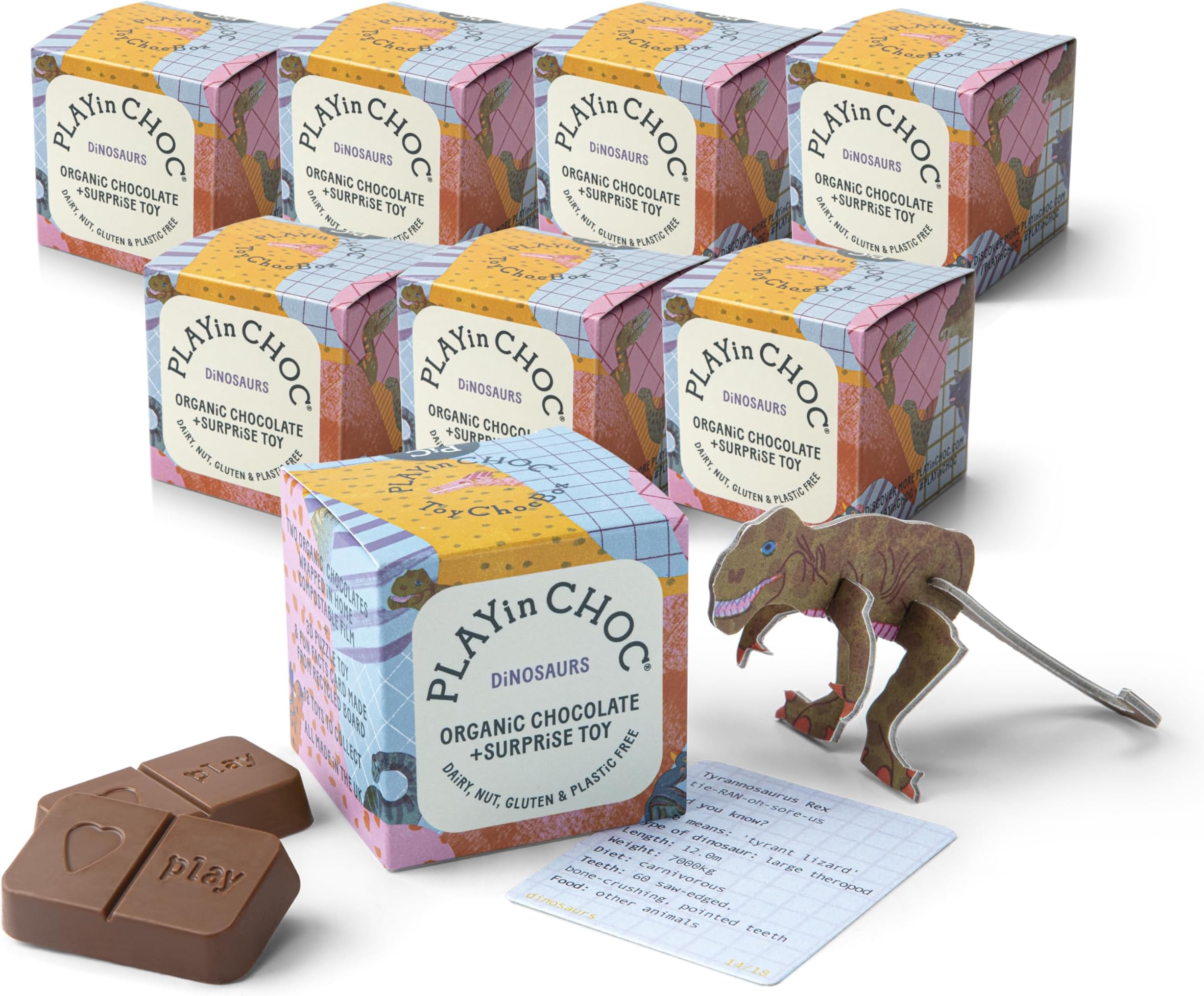 PLAYin CHOC ToyChoc Box, Organic Chocolate Gift Box for Kids With Surprise 3D Puzzle Toy, Gluten, Nut & Dairy Free Chocolate - Dinosaur Bundle x8