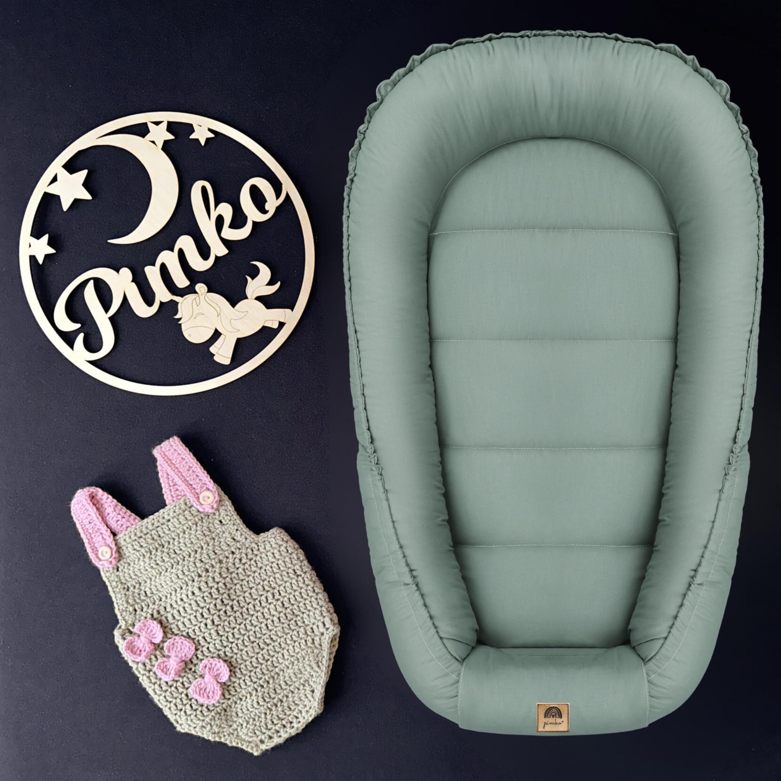 PIMKO Baby Nest, paracolpi per neonati e neonati, 100% cotone, adatto per la casa, 55 x 90 cm (Pistacio con patta)