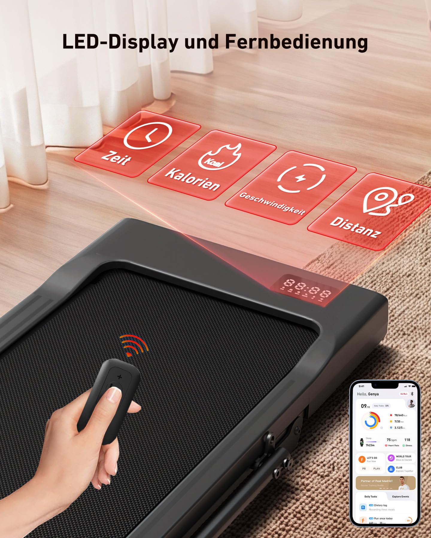 Superun Walking Pad mit Steigung 6%, Laufband für Zuhause mit App max 6km/h und 12km/h Version, Schreibtisch- Laufband bis 136 kg Belastbar mit Multiplayer-Rennen und Trainingskurse Erlebnis vor Ort
