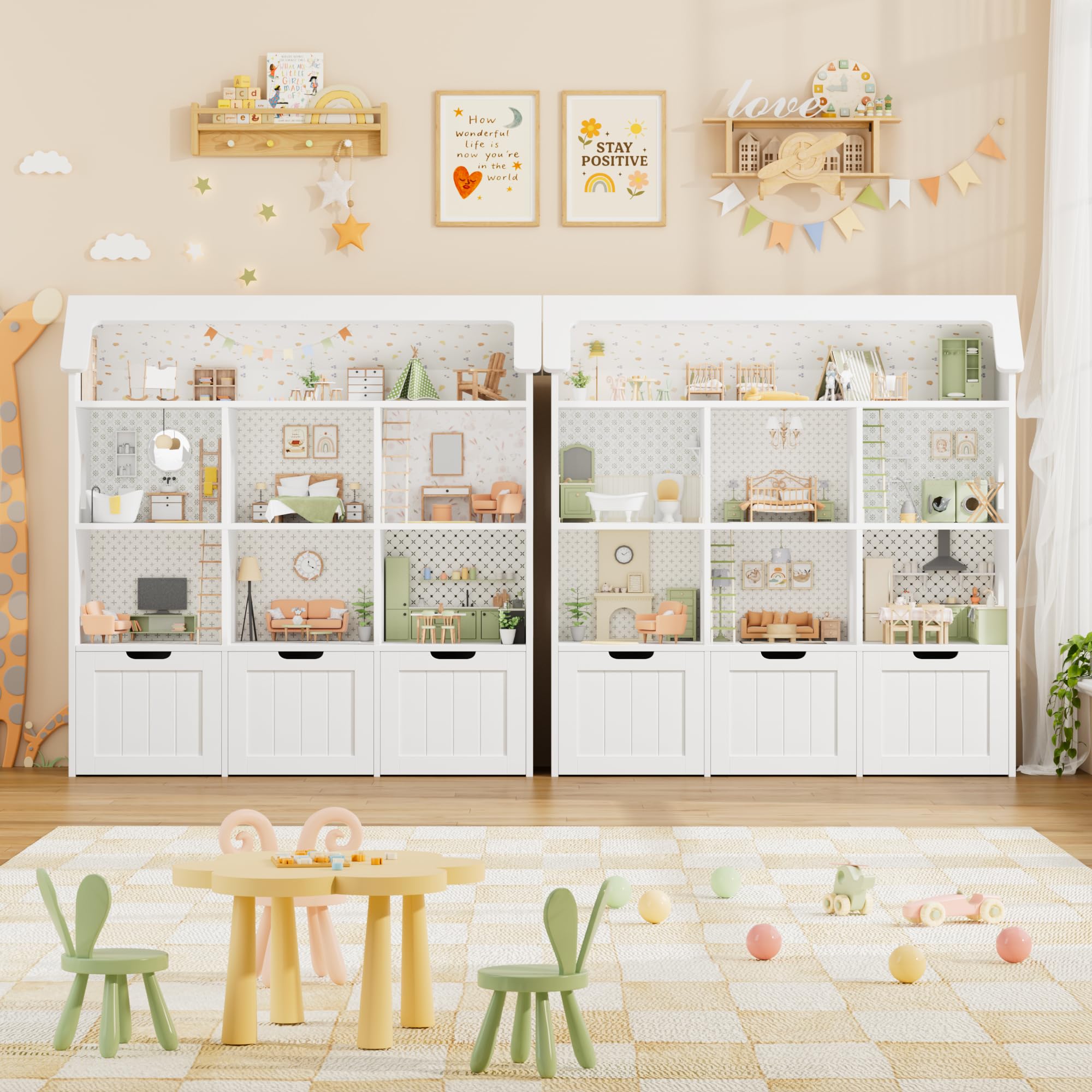 FOREHILL Meuble Rangement Enfant, Maison de Poupée, Bibliothèque Enfant avec 7 Étagères 3 Tiroirs Roulants, Rangement Jouet Chambre Enfant, 120x30x117.5cm, Blanc
