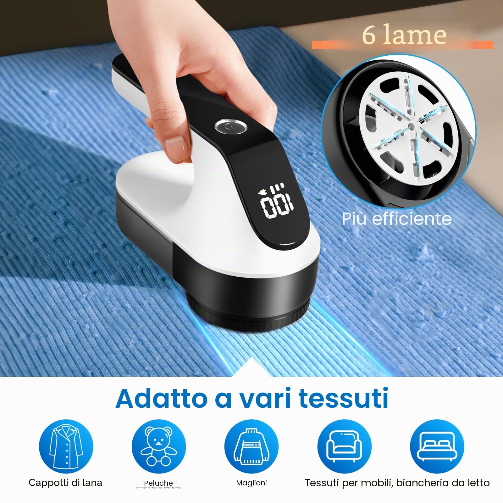 Levapelucchi Elettrico, Togli Pelucchi Elettrico con 3 Velocità Regolabili e Motore Potente, Leva Pelucchi Maglioni di 6 Lame, Rimuovi Pelucchi Adatto Maglioni Cappotti Coperte Regalo