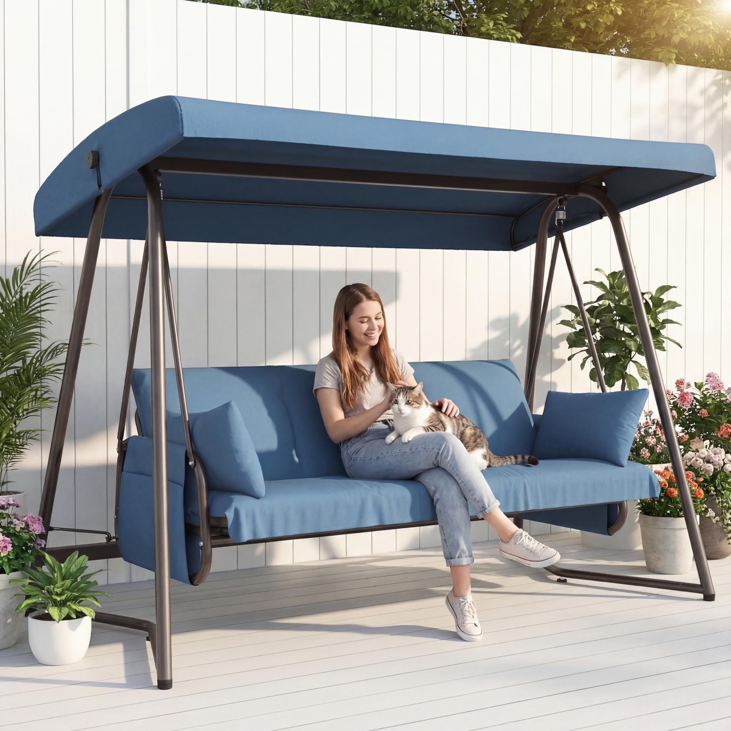 TQKVIPI 3-4 Seat Outdoor Porch Swing with Adjustable Canopy, 800 lbs