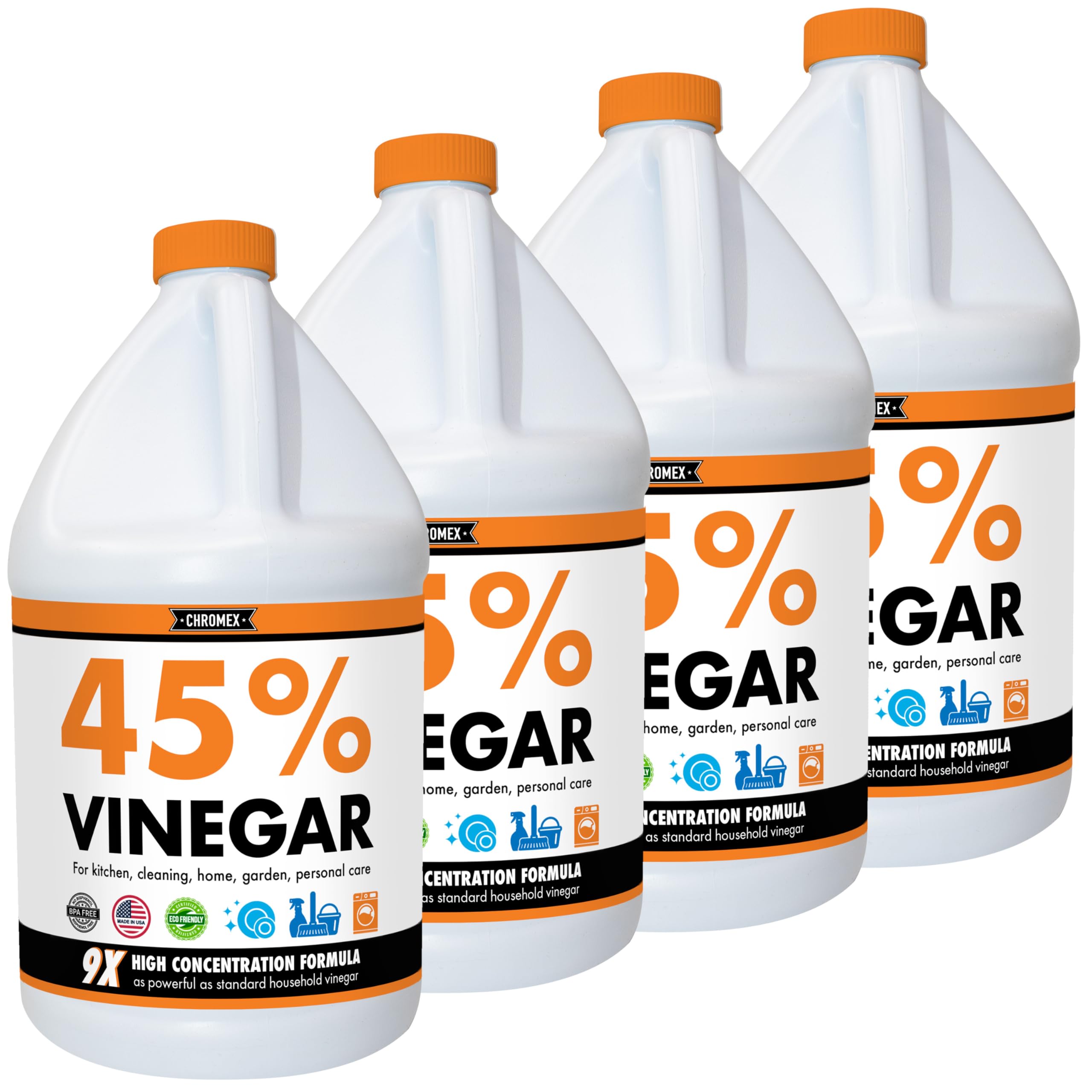 Chromex45% Concentrated Vinegar, 4 Gallons - Dilutes to 36 Gallons - 9x Strength Multi-Purpose Cleaning, Deodorizing, Laundry, Gardening, Descaling, and Drain Cleaning Solution