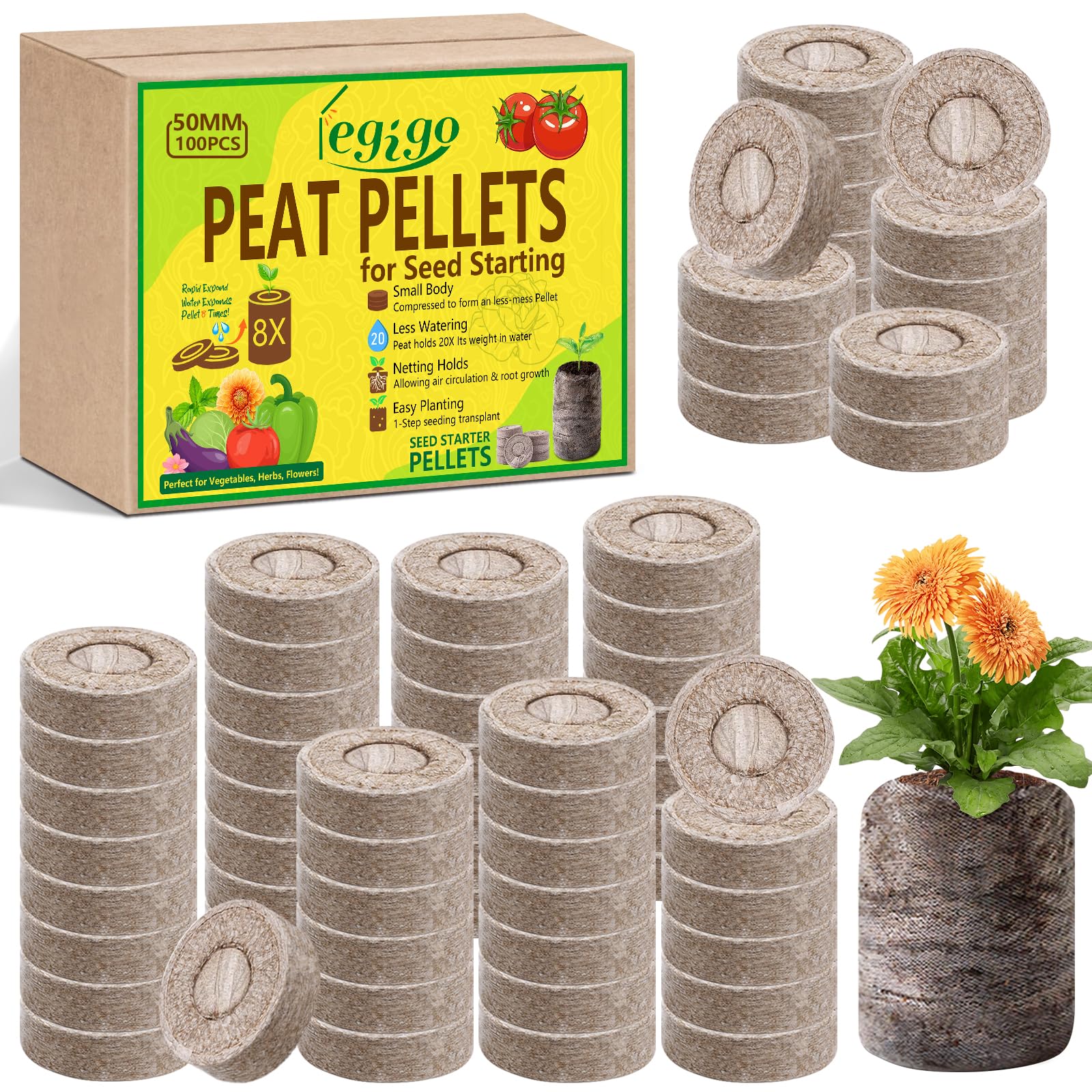 Legigo 100 Pcs 50mm Peat Pellets for Seedlings, Seed Starter Soil Pods