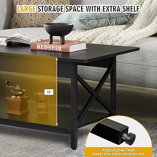 Miniatura 15 de COSTWAY Mesa auxiliar industrial, mesa de té de cóctel de madera de 2 niveles con estante de almacenamiento y marco de acero en forma de X, mesa