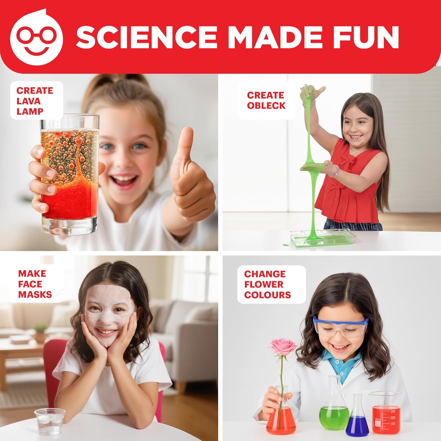 Collage of four more experiments: creating a lava lamp, making Oobleck, applying face masks, and changing flower colors.