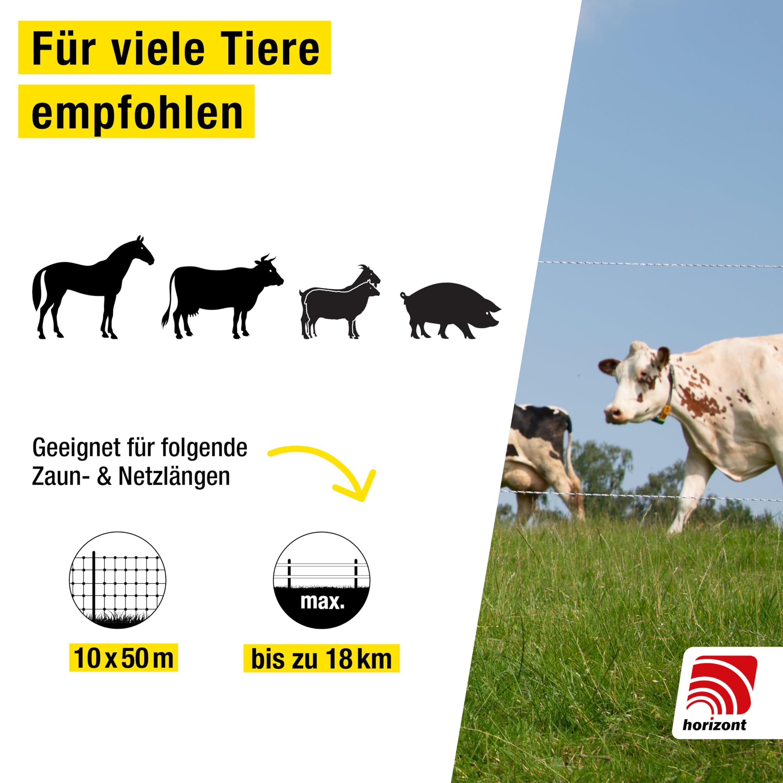 horizont Weidezaungerät AN250 12/230V, 2,5J, 11000V für Zäune bis 18km | für 10x 50m Netze, mit Stromsparschaltung, ideal für Pferd, Rind, Schwein, Schaf