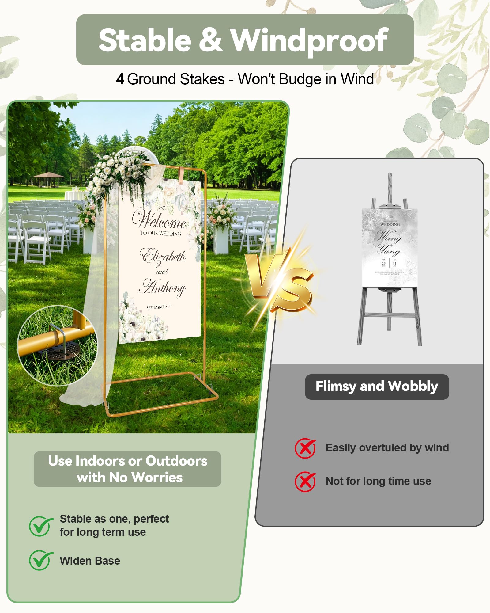 Willkommensschild Hochzeit Ständer Höhenverstellbar 175x80x50cm Hochzeitsschild Halter Metall Schildhalter mit Lederbändern Aufbewahrungsbeutel für Hochzeit Empfang Geburtstag Sitzplan (Gold)