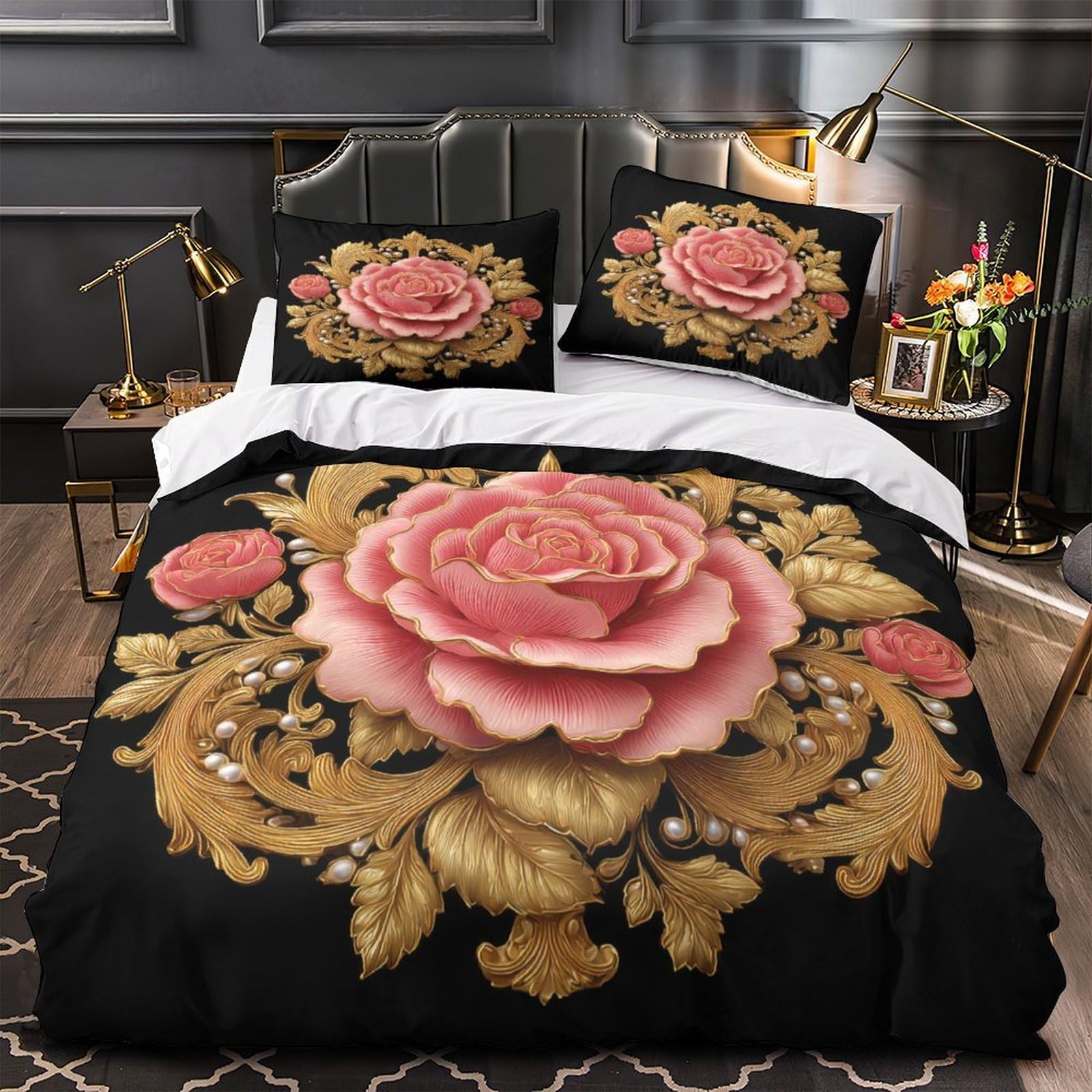 Housse de couette 3D motifs floraux ornement rose baroque Super King 260x220cm