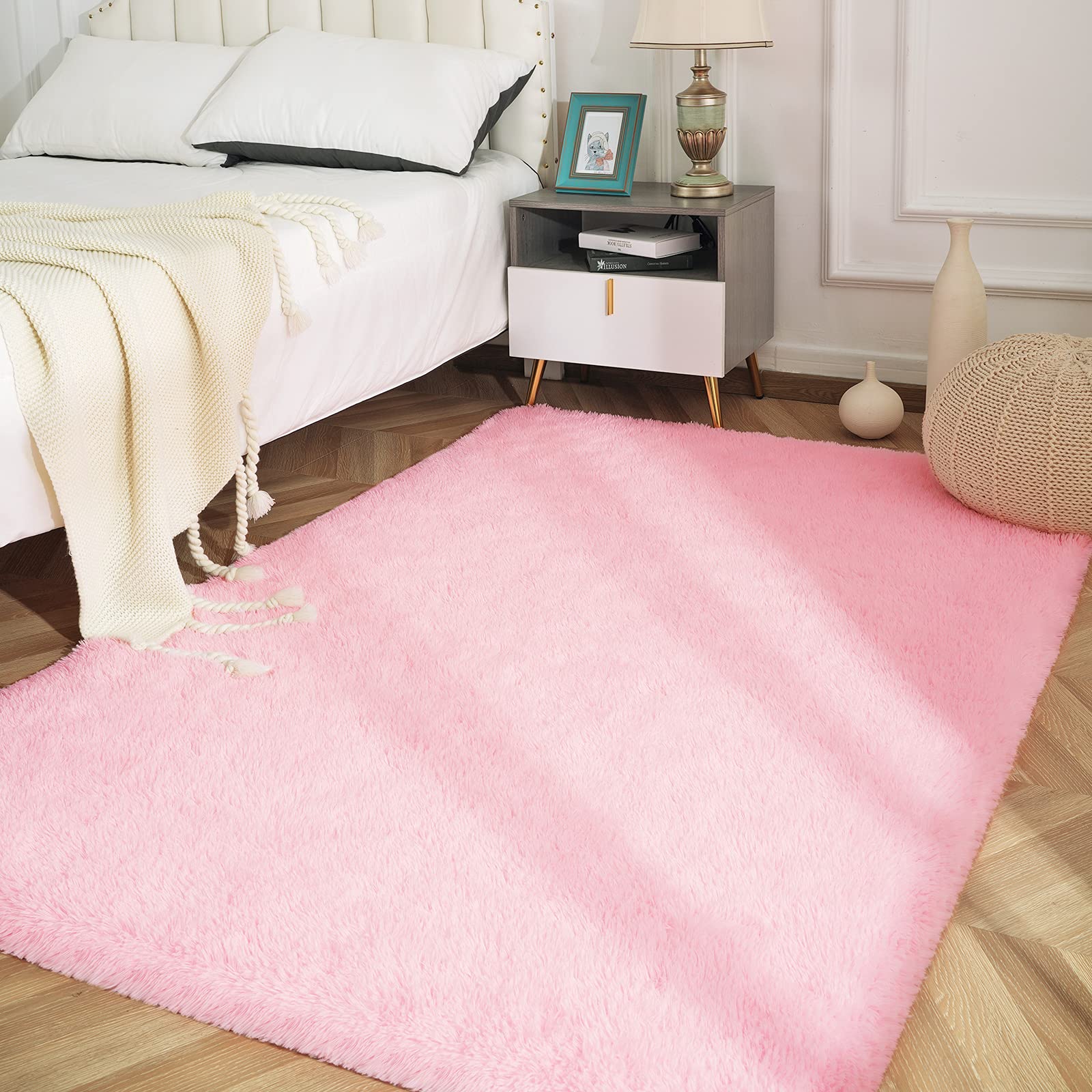 Fluffy Baby Pink Bedroom Rug Shag Carpet, Prabia Super Soft Faux Fur Fuzzy Area Rugs for Living Room Decor, Cute Plush Kids Rug for Playroom Nursery Home, 4x5.9 Feet Furry Dorm Rug for Teen Girls Boys
