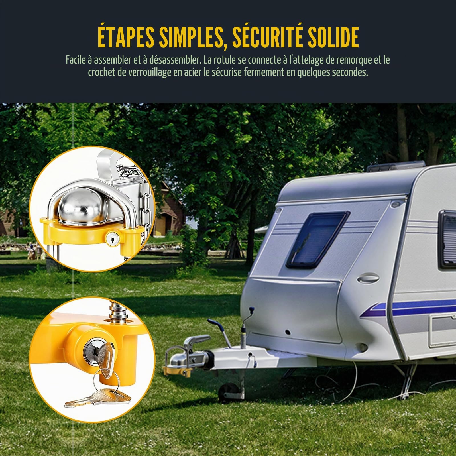 Antivol de Remorque,Cadenas Haute Sécurité pour Attelage et Remorque,Verrou de Protection Anti Vol avec 2 Clés, Accessoires pour Caravane,Voiture,Bateau,Camping,Protection Robuste et Durable