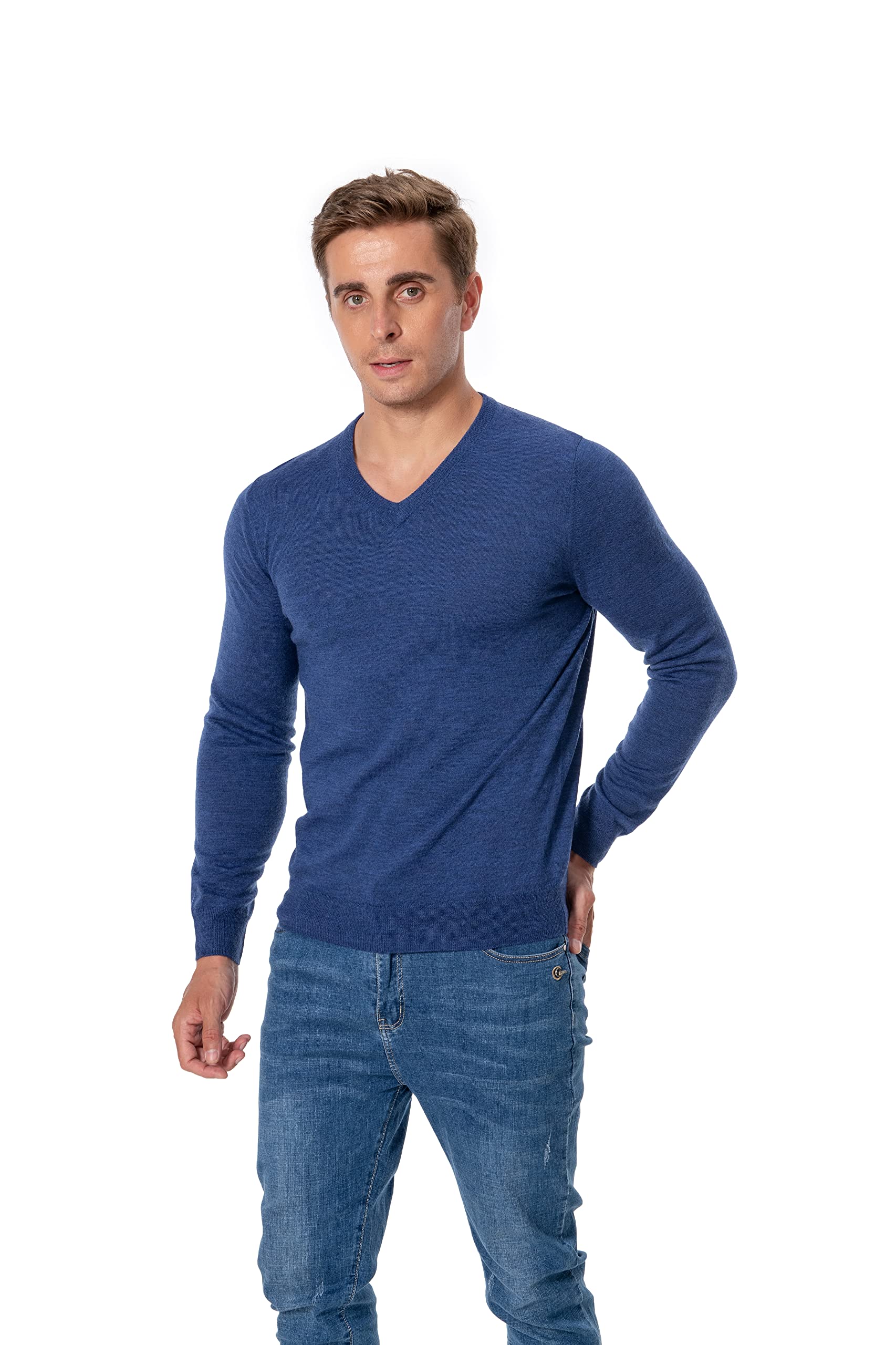 WOSICA Men's 100% Extrafine Merino Wool Knited Long Sleeve Pullover with V-Neck (Heather Blue S)