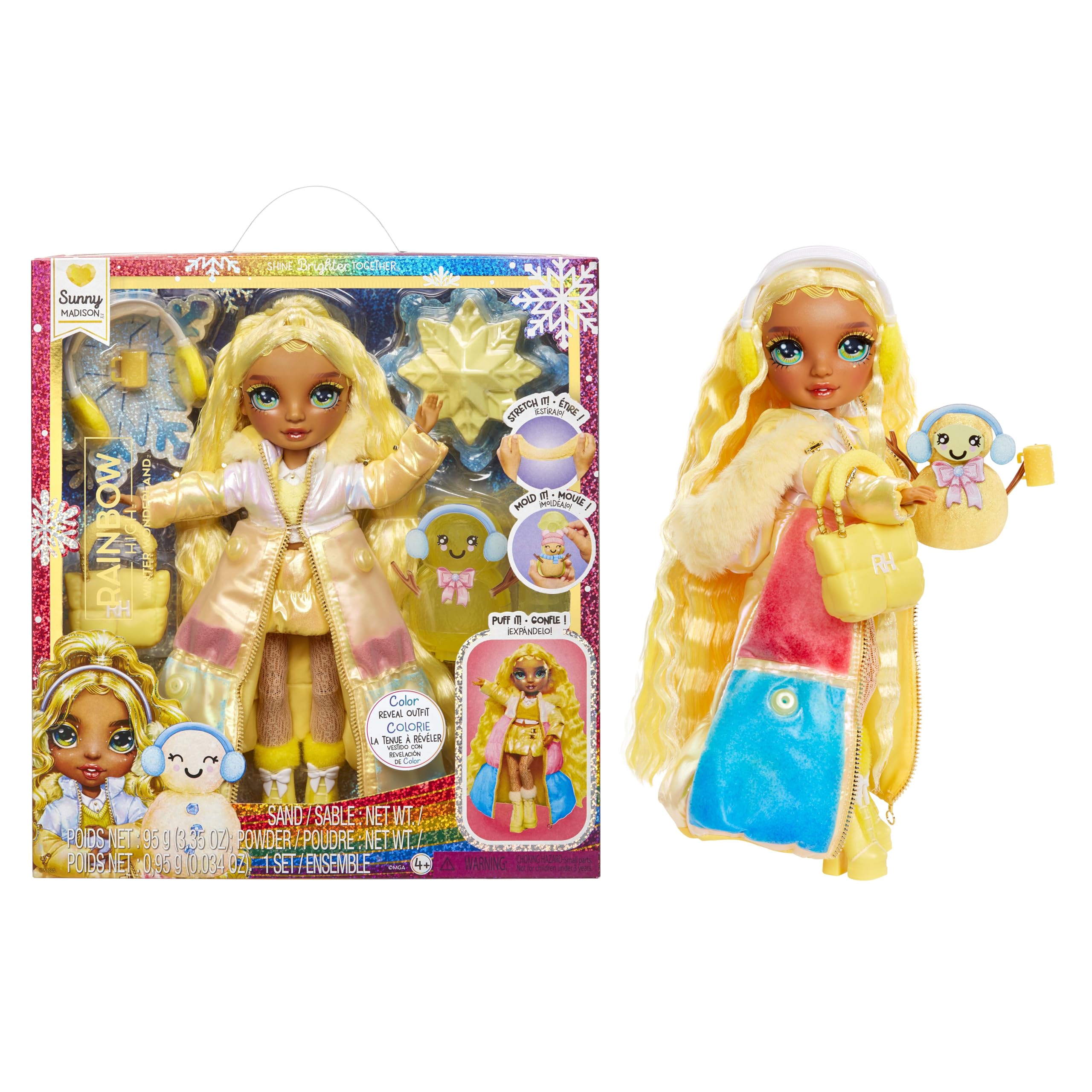 Winter Wonderland - Sunny (Yellow) - 28 cm Fashion Doll, With Hidden Magic Snow That Puffs Up with Water, Comes with A Snowman Kit, Suitable For Kids Ages 4-12 Years Old and Collectors