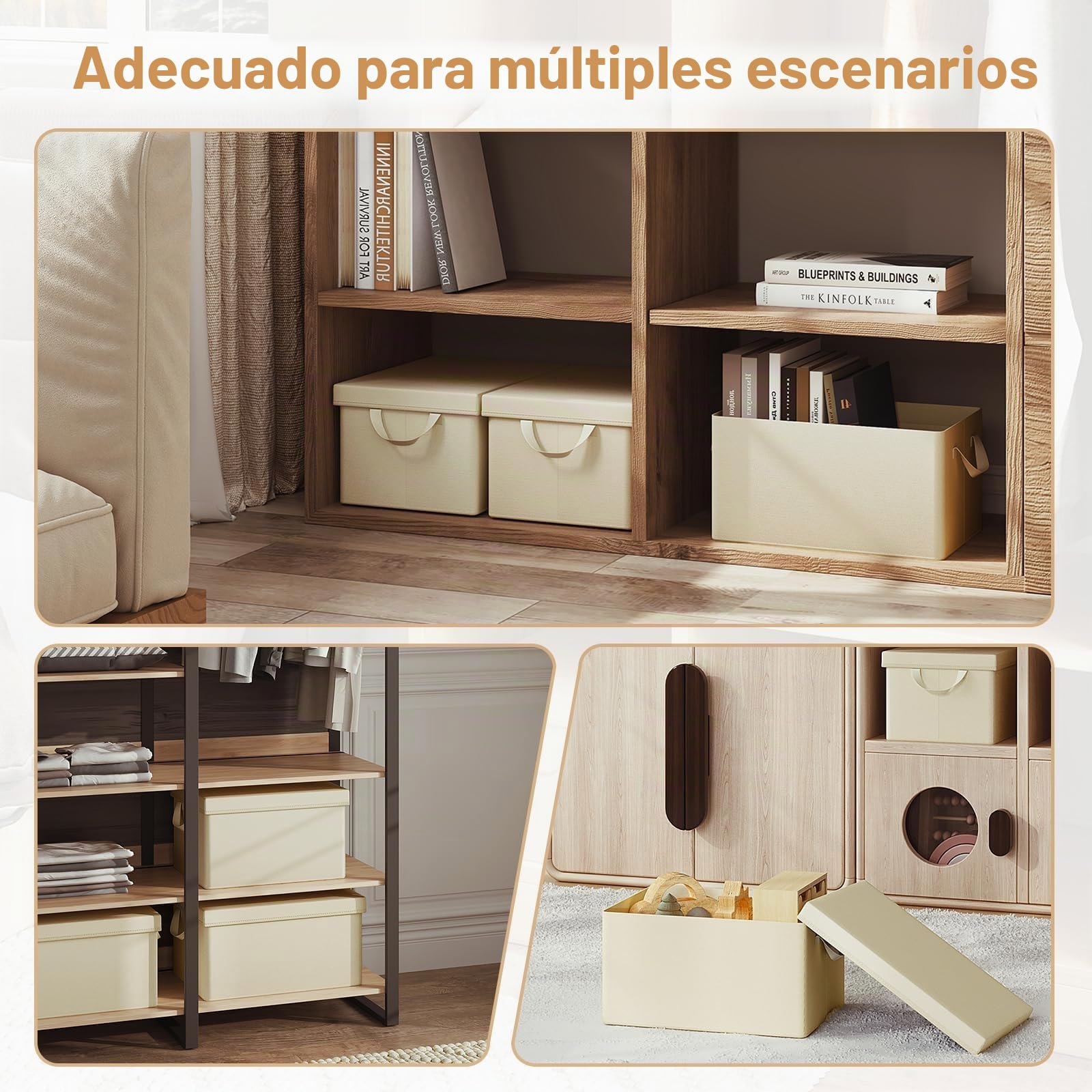 WOLTU Cajas de Almacenaje con Tapa, Juego de 5 Cajas Plegables, 5 Cajas Organizadoras con Asas, Cajas Almacenaje de Tela, Cestas Resistentes para Ropa y Juguetes, Crema, 43x26x33 cm