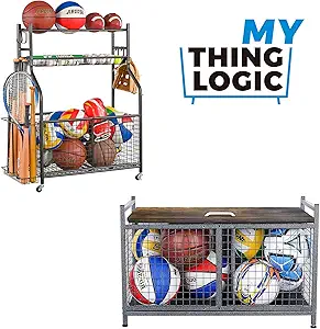 Mythinglogic Heavy-Duty Storage Bench for Garage,Sports Equipment Storage Organizer for Garage/Basement/Entryway,Ball Storage Bin (Medium)