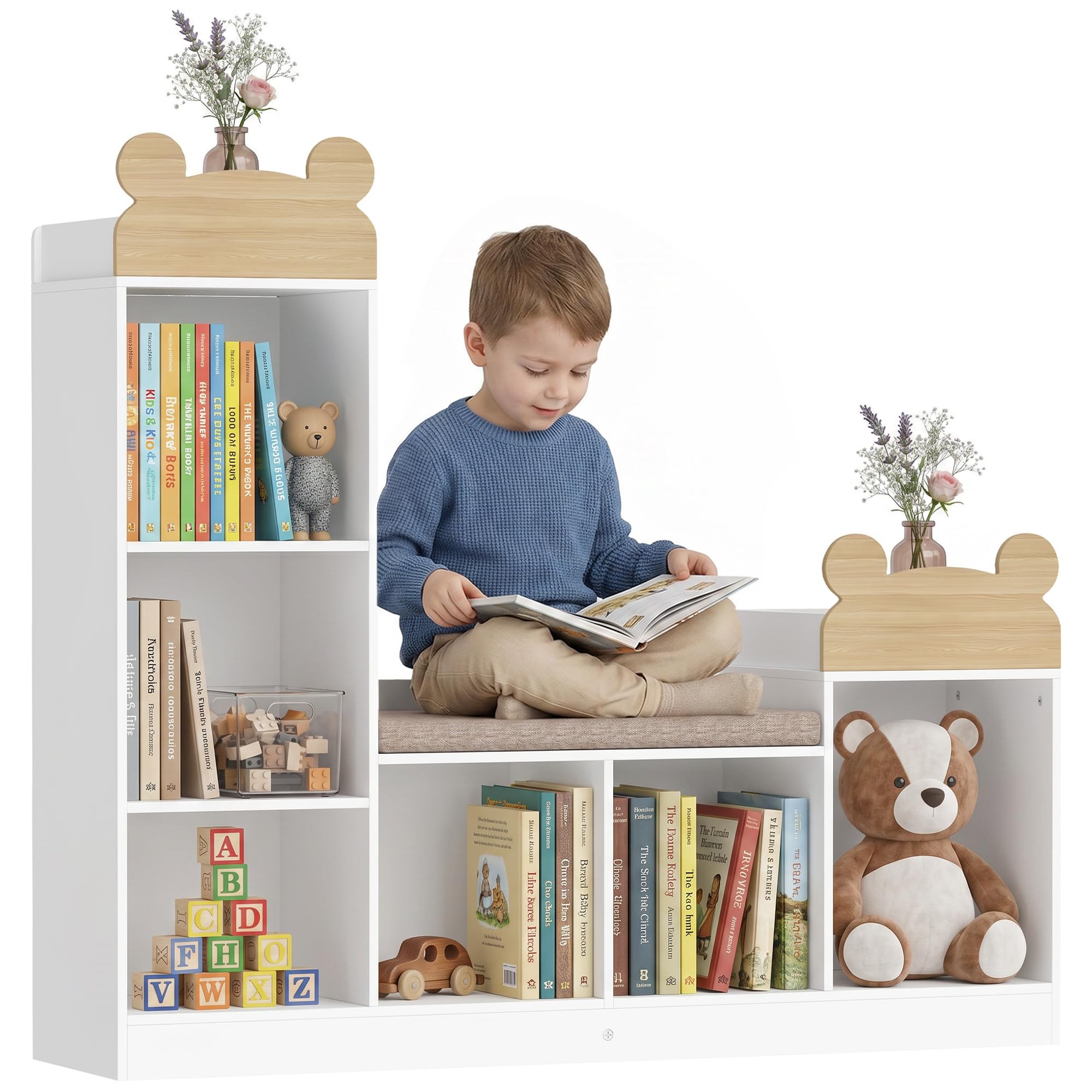 AIYAPLAY Bibliothèque Enfant avec Coin Lecture, 3 en 1, 121x30x106cm, Blanc | Meuble Rangement Enfant, 6 Compartiments, 2 Étagères Ouvertes, Coussin d'Assise, pour Chambre, Salle de Jeux