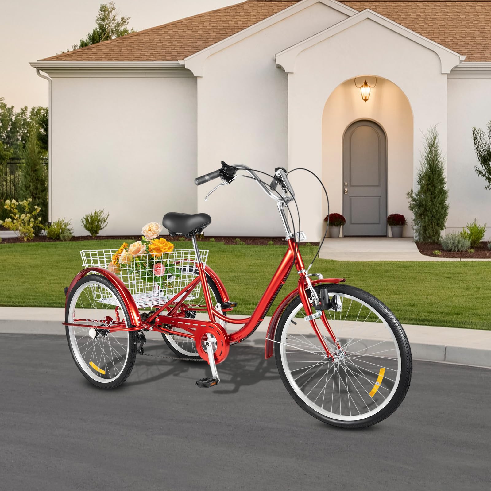 Triciclo de 24 pulgadas para adultos y personas mayores, robusto triciclo con 6 marchas, iluminación y cesta, manillar y asiento ajustables, bicicleta cómoda de 3 ruedas, rojo