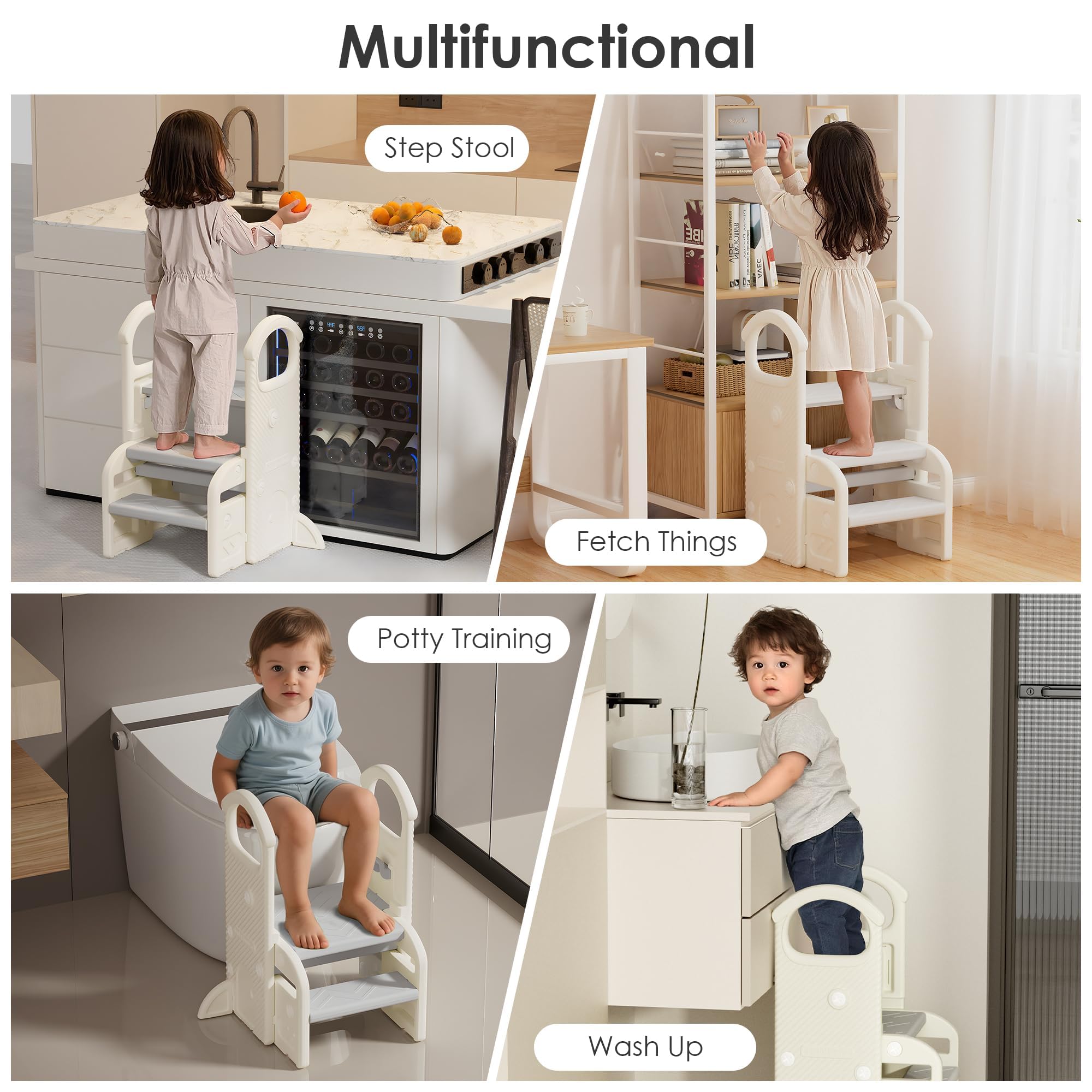 Sgabello Bambini con Maniglie, Scaletta Regolabile a 2 o 3 Gradini, Compatta e Antiscivolo per Bagno, Cucina, WC e Lavandino(Grigio)