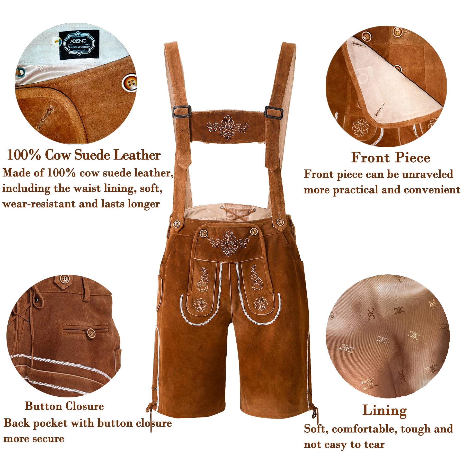 Adisno Lederhosen Men,Oktoberfest Outfit Mens,October Festival Costume Mens,Oktoberfest Costume Lederhosen Men,100% Cow Suede Leathe (Brown - Image 3