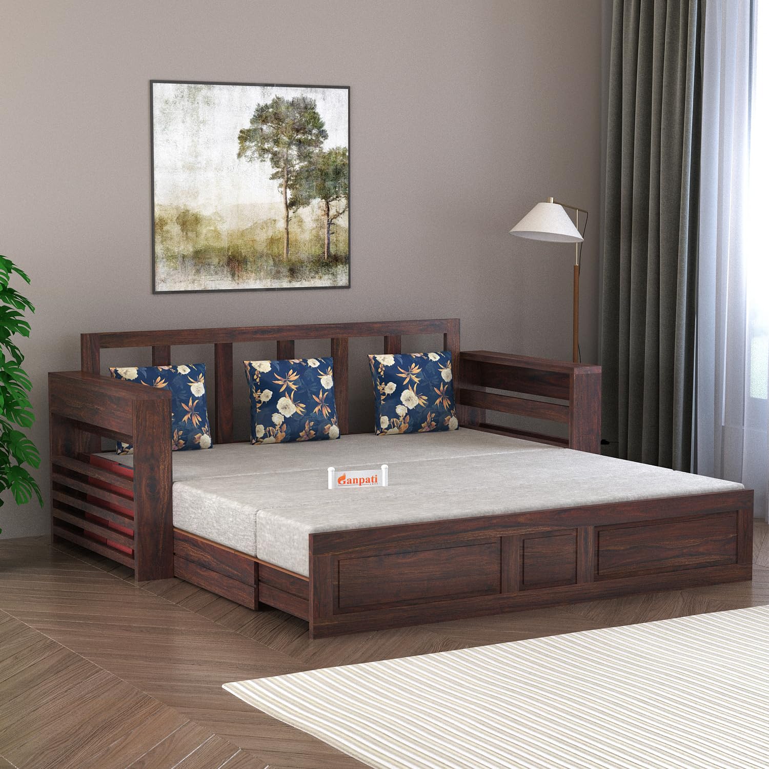 Ganpati Arts Solid Sheesham Wood 3 Seater Lurid Sofa Cum Bed with Side Pocket for Living Room Bed Room Wooden Bedroom Furniture for Home (Walnut Finish)