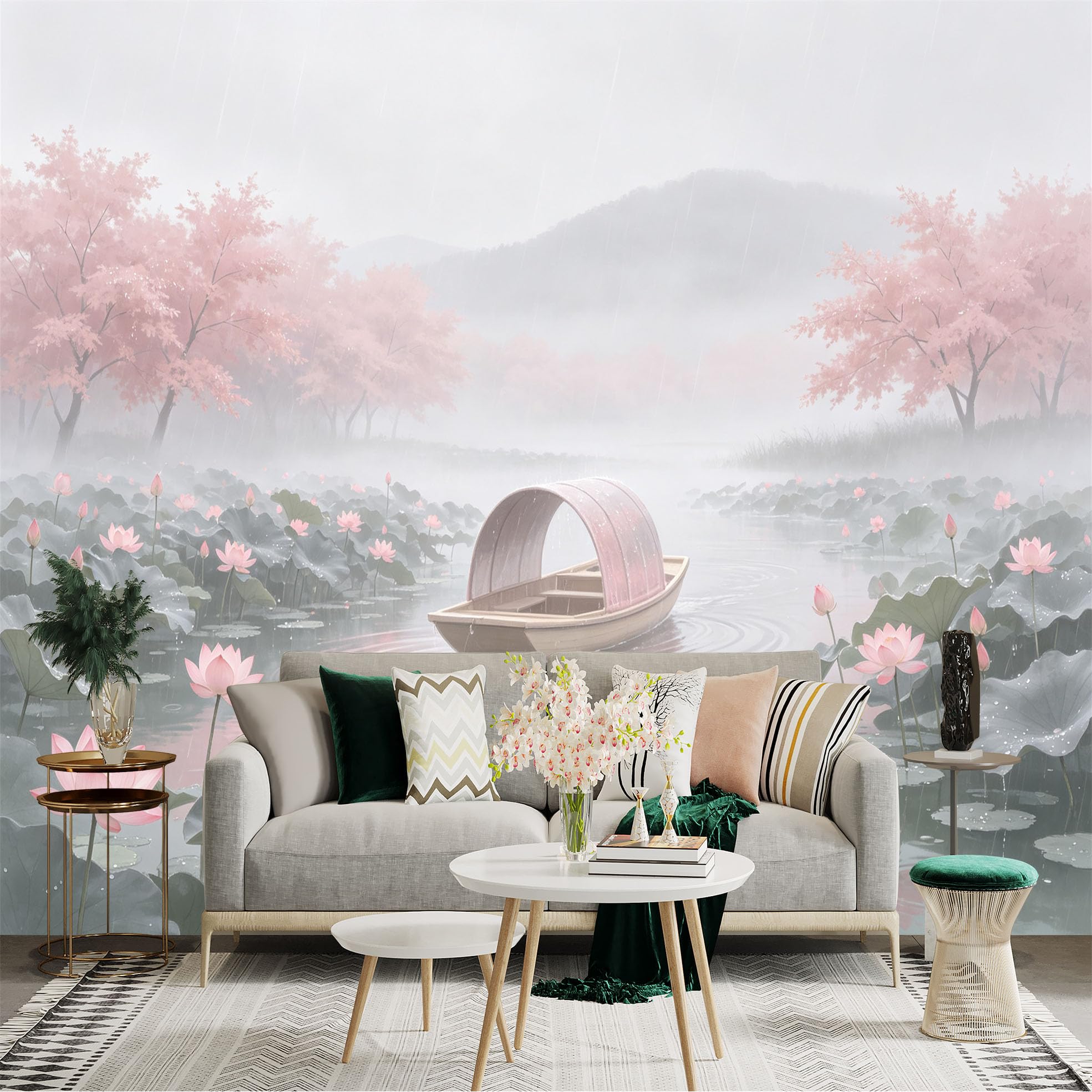 Custom Size Wall Sticker Mural， Misty Lake with Pink Lotus Flowers， Serene Boat and Duck， Rain in Spring， for wall Decoration， peelandstick wall Decals.