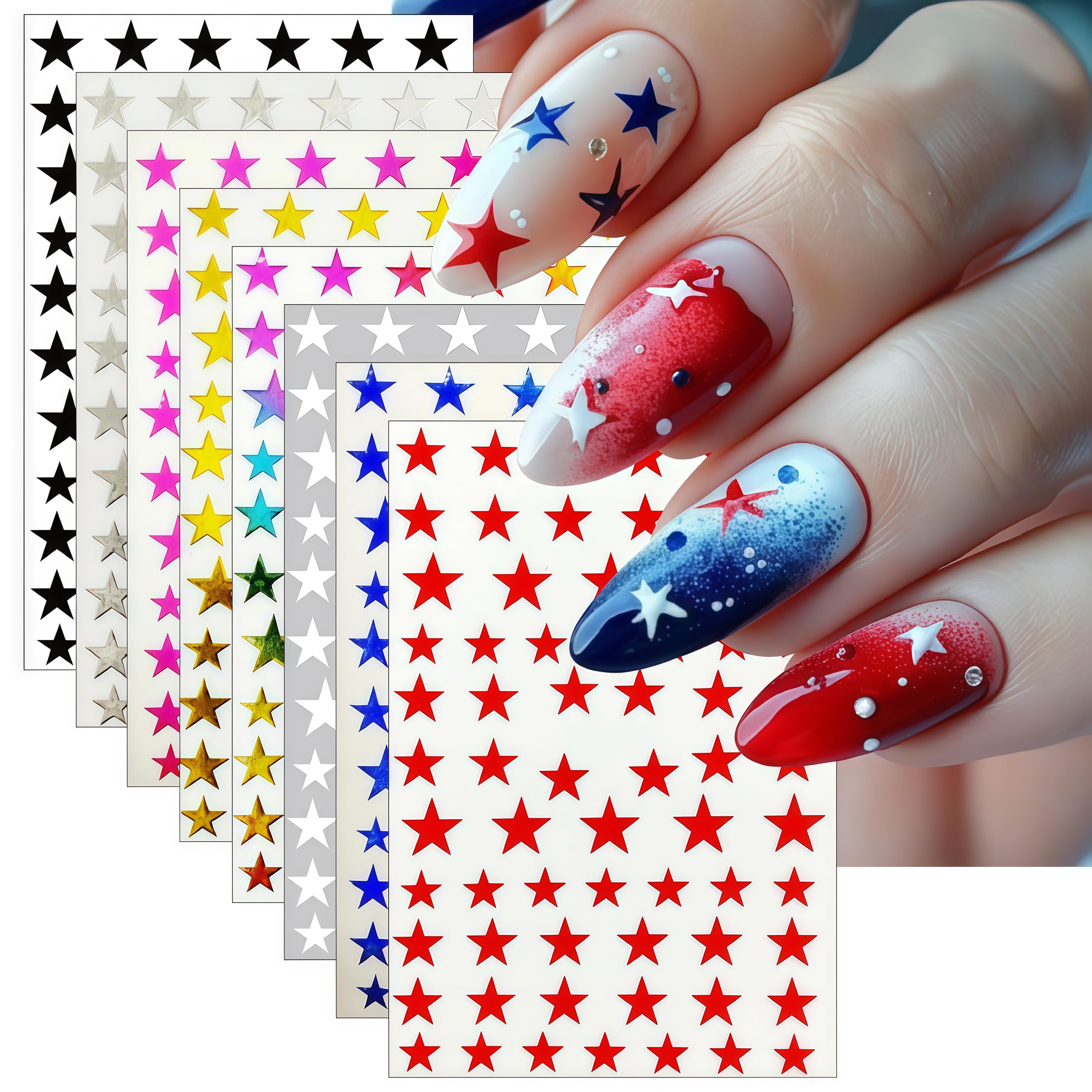 8 Sheets Glitter Stars Nail Art Stickers 3D Self Adhesive Shiny Glitters Starlight Nail Decals Holographic Black White Gold and Silver Pentagram