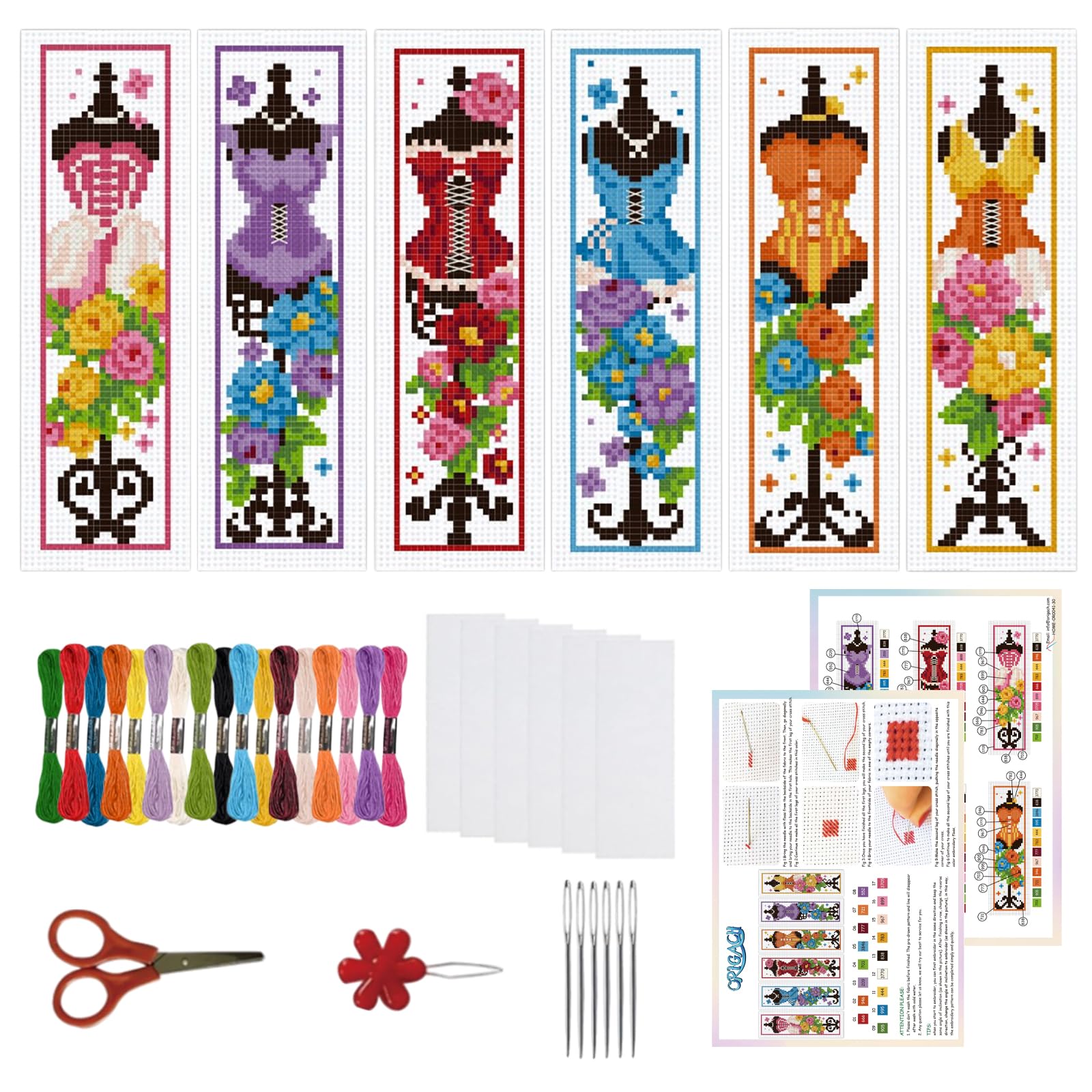 ORIGACH 6 Pcs Cross Stitch Bookmark Kit for Beginner Adults, Mannequin with Flowers Stamped Embroidery Bookmark Kit with Instruction for Starters Printed Cross Stitch DIY Kits for Book Lovers