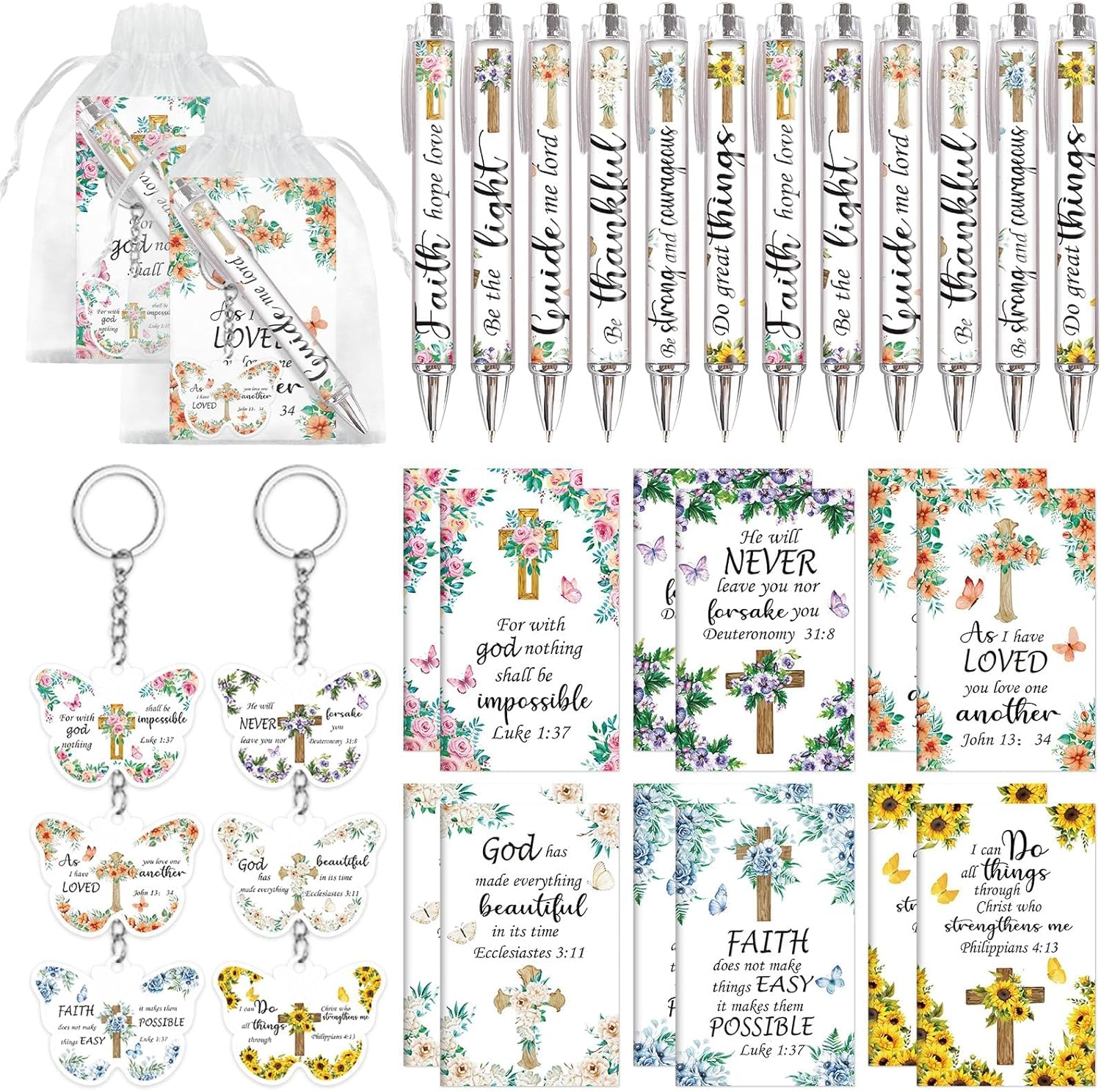 48 Pcs Christian Bulk Gifts for Women Valentines Religious Gift Bible Verse Pens Notebooks Scripture Ballpoint Pens Inspirational Verse Keychains Prizes for Church Office Coworker Supplies(Floral)
