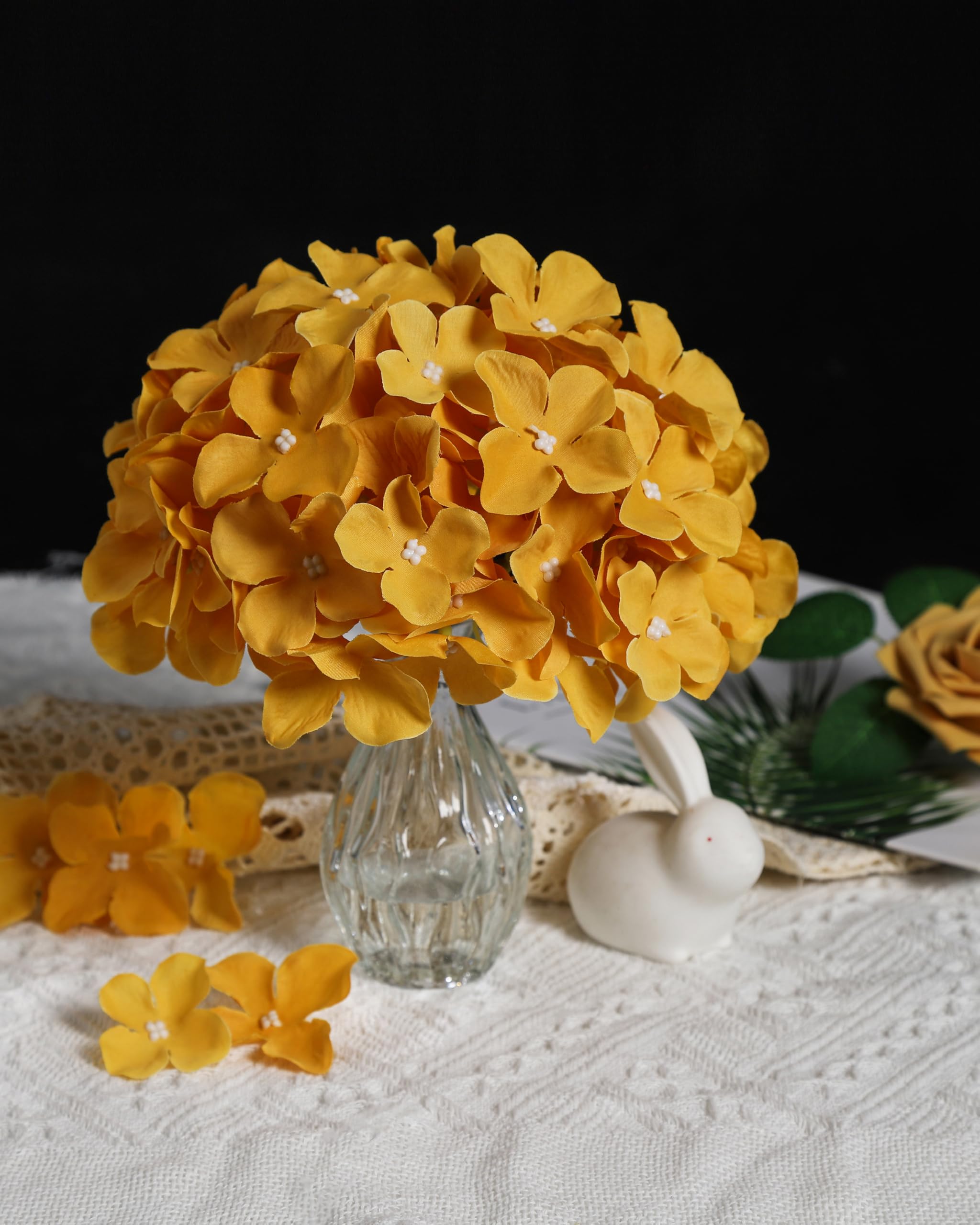 DuHouse Artificial Bigger Silk Hydrangea Flower Heads with Stem Realistic Fake Hydrangea Flower Bouquets for Wedding Home Party Garden Centerpiece Pack of 6(Mustard Yellow) - Image 2
