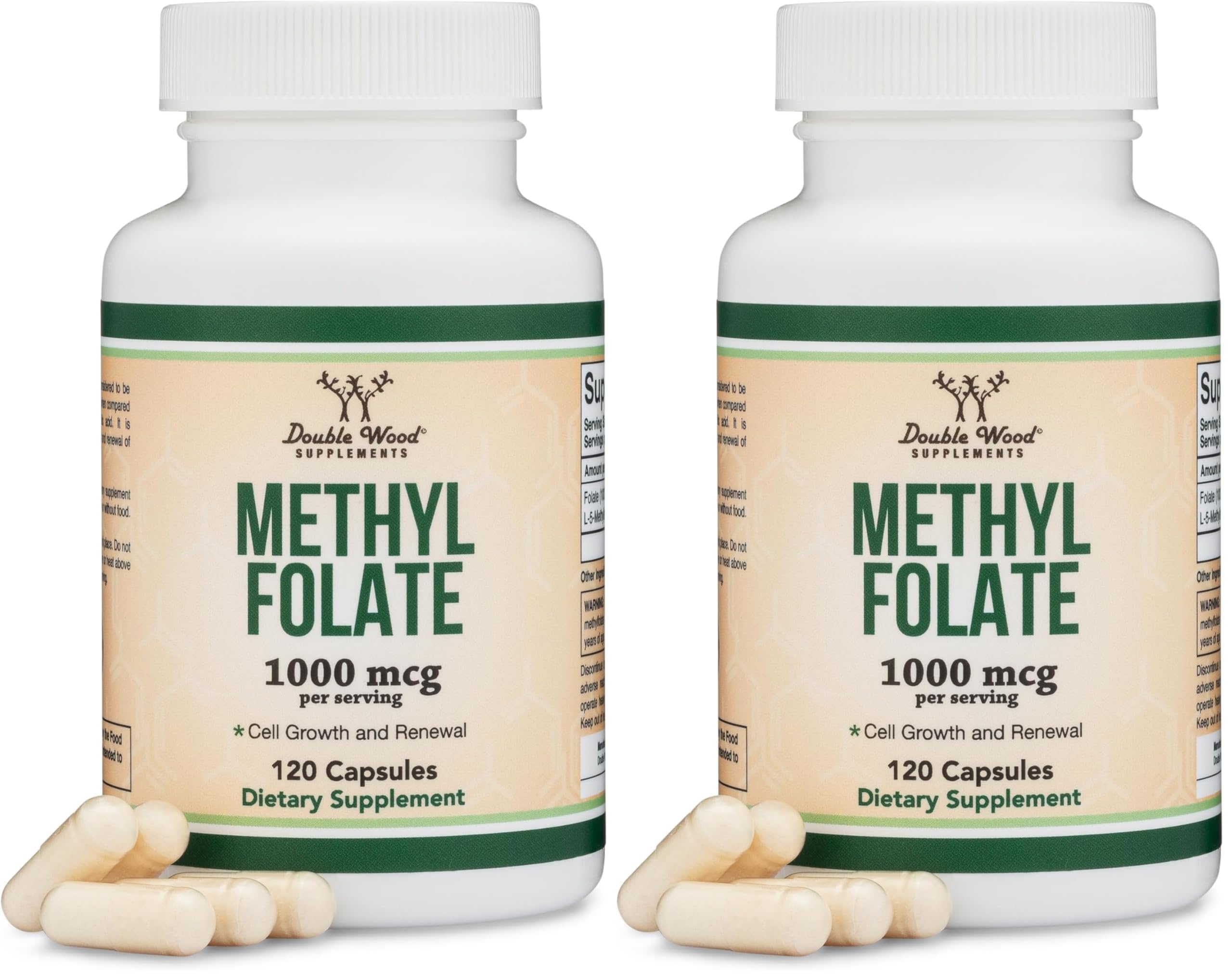 Methylfolate 1,000mcg, 120 Capsules (Third Party Tested Methyl Folate Supplement) Methylated Folate is a More Active Form of Folate Than Folic Acid (Non-GMO, Vegan Safe) by Double Wood (Pack of 2) 120 Count (Pack of 2)