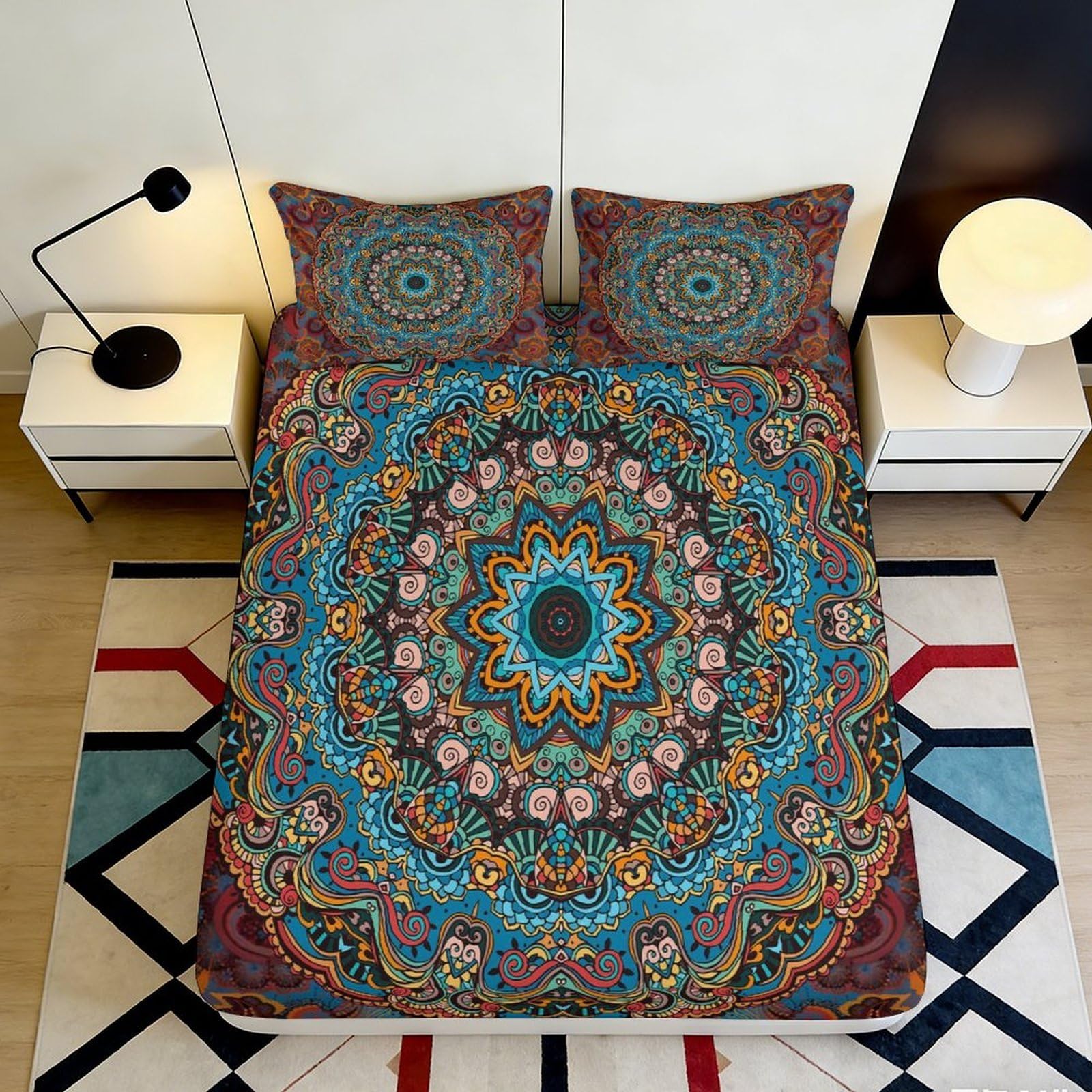 3D Printed Mandala Pattern Fitted Sheet Microfiber Soft Durable Ornamental Bed Cover for Bedroom Dormitory Guest Room Mattress Protection 160x200x25cm