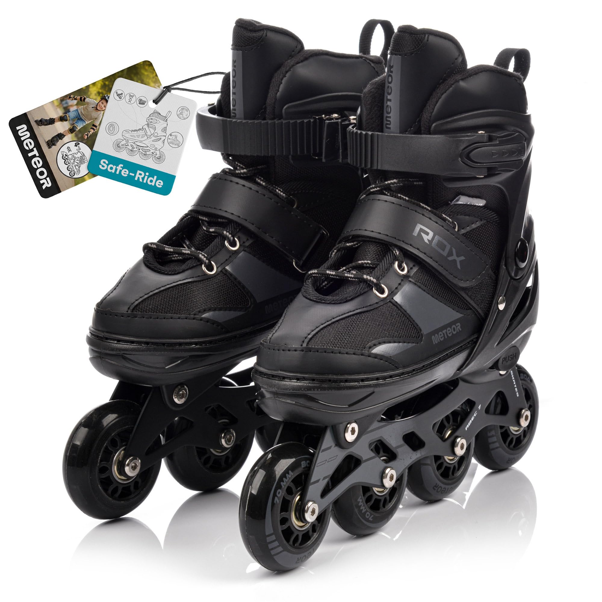 meteor Rox sichere verstellbare Kinder Inline‑Skates – Inliner für Mädchen Jungen – ABEC‑7 Carbonlager PU‑Räder 72 mm 80 A Aluminiumrahmen – Größen S 30‑33 M 34‑37 L 38‑41