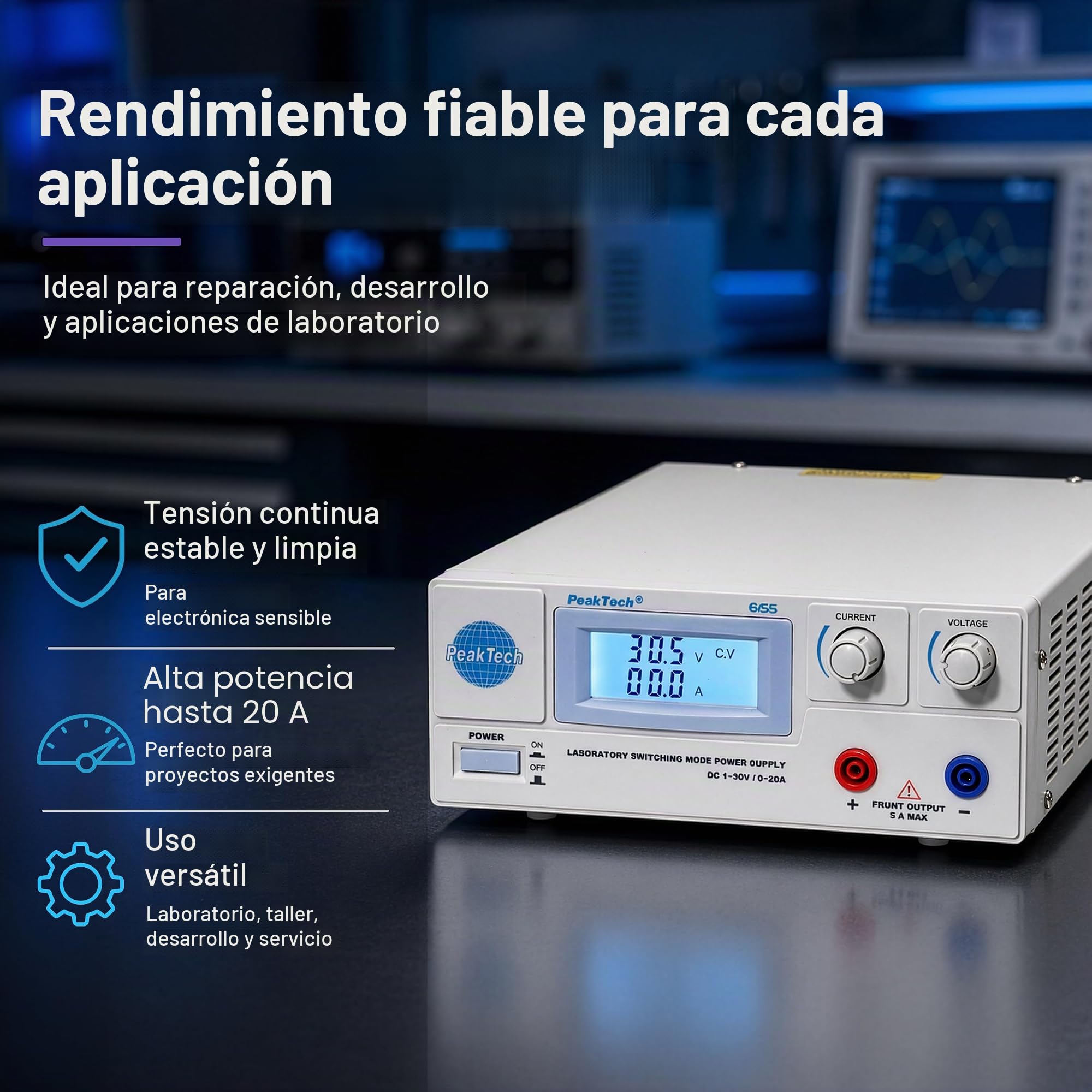 PeakTech 6155 - Fuente de Alimentación Digital C 1-30 V / 0-20A Pantalla LCD, Conmutación Confiable, Protección Contra Sobretensiones, Salida de Cc, Potencia de Salida 600 W - 214 x 87 x 336 mm