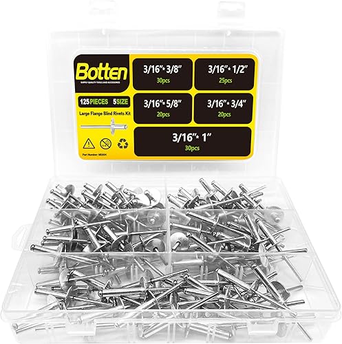 BOTTEN 125 remaches de aluminio de brida grande de 5 tamaños, diámetro de brida de 58 pulgadas (0.630in), kit surtido de remaches emergentes,