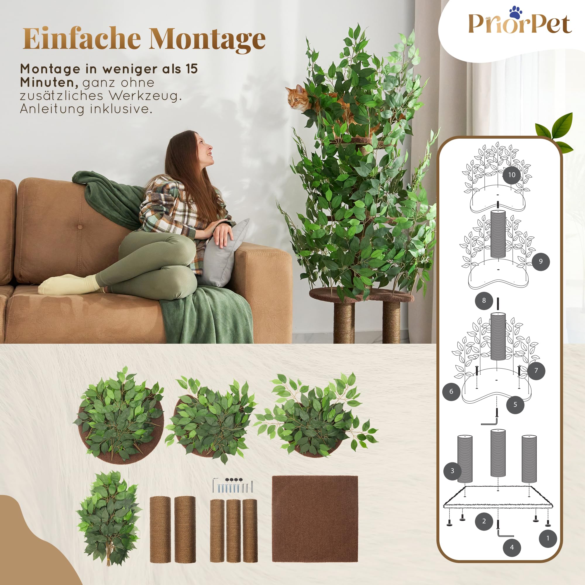 Kratzbaum mit Blättern – Stabiler & Platzsparender Katzenbaum – 4 kratzbare Ebenen & 3 Kratzsäulen – Klettern, Verstecken, Schlafen – Einfache Montage – Haustiersicherer & Langlebiger Cat Tree Natur