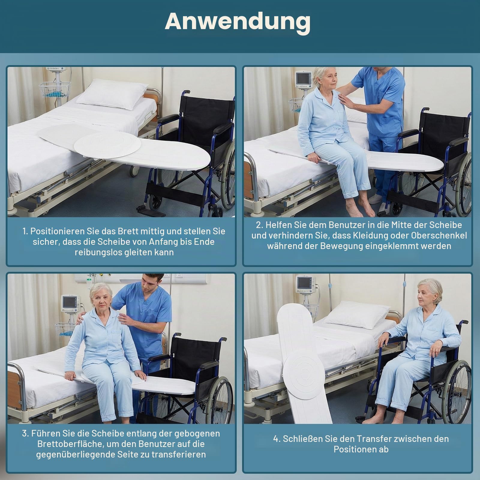 Transferbrett mit Drehscheibe, Schiebebrett zum Transfer in den Rollstuhl | 150 kg Tragkraft, rutschfest, tragbar, Transfer-Skateboard zum Transfer von Patienten vom Rollstuhl ins Bett, zur Toilette